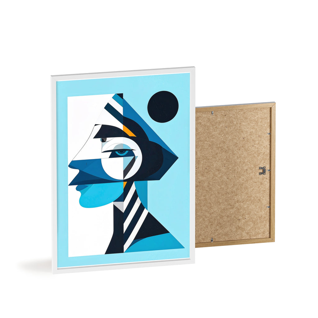 Abstract Geometric Portrait Poster with Wooden Frame — Blue Modern Wall Art