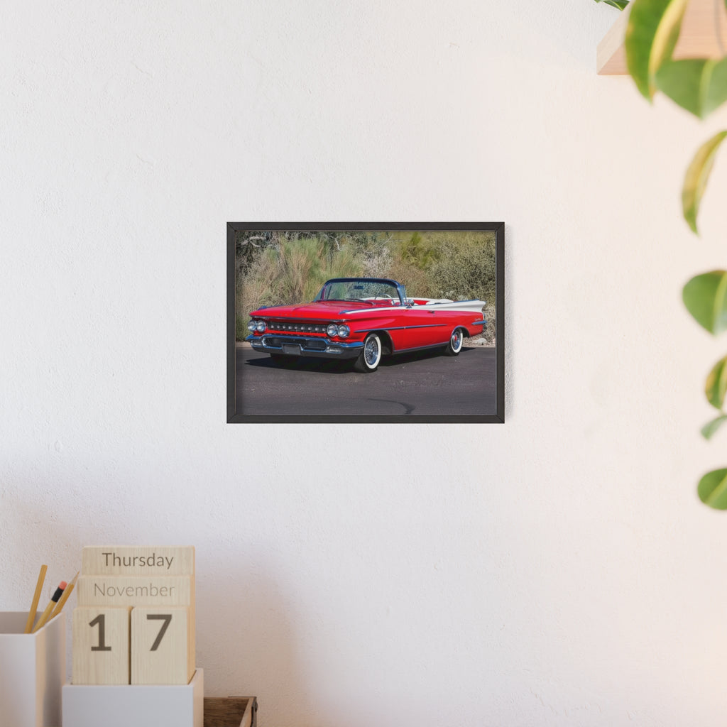 Vintage Red Convertible Car Poster with Wooden Frame — Classic Auto Wall Art