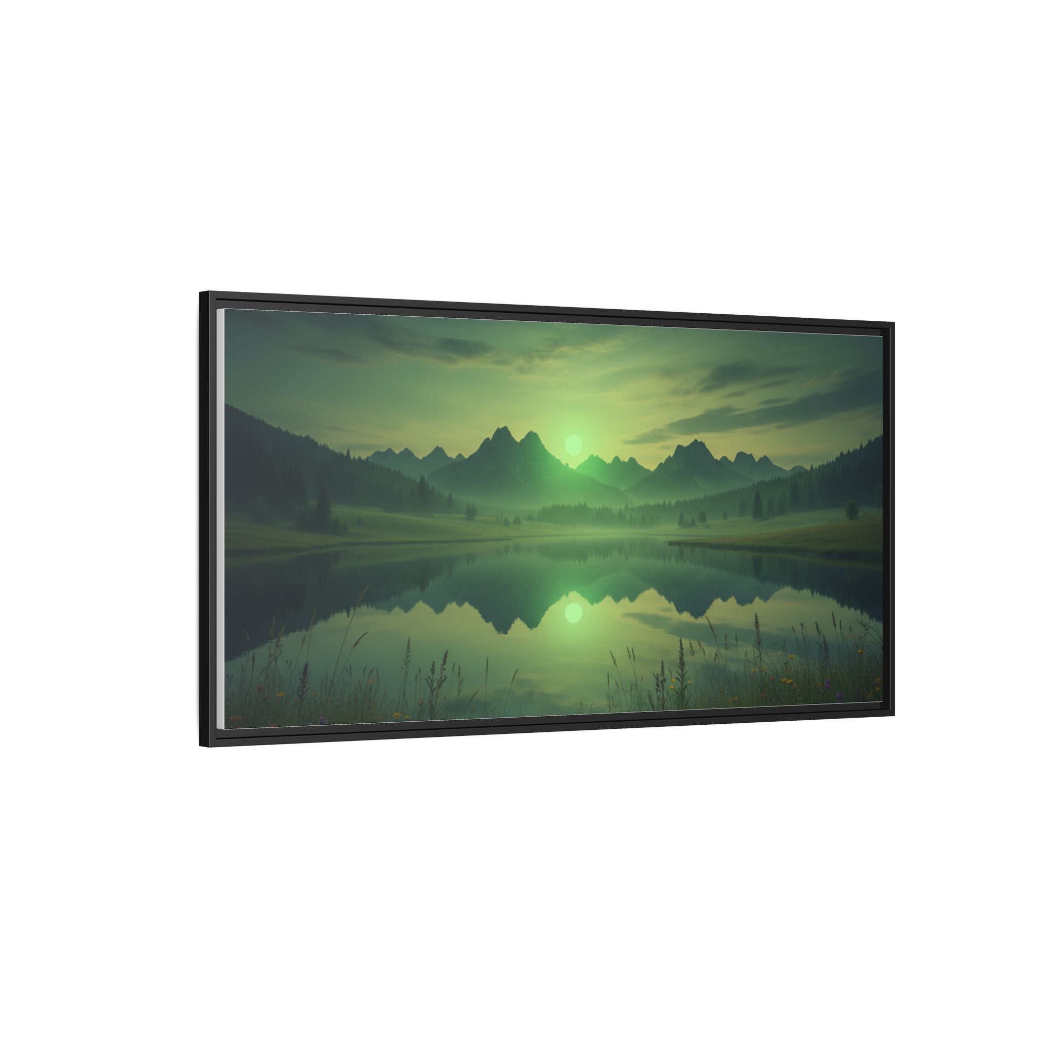 Framed Matte Canvas Print — Serene Green Mountain Lake Landscape