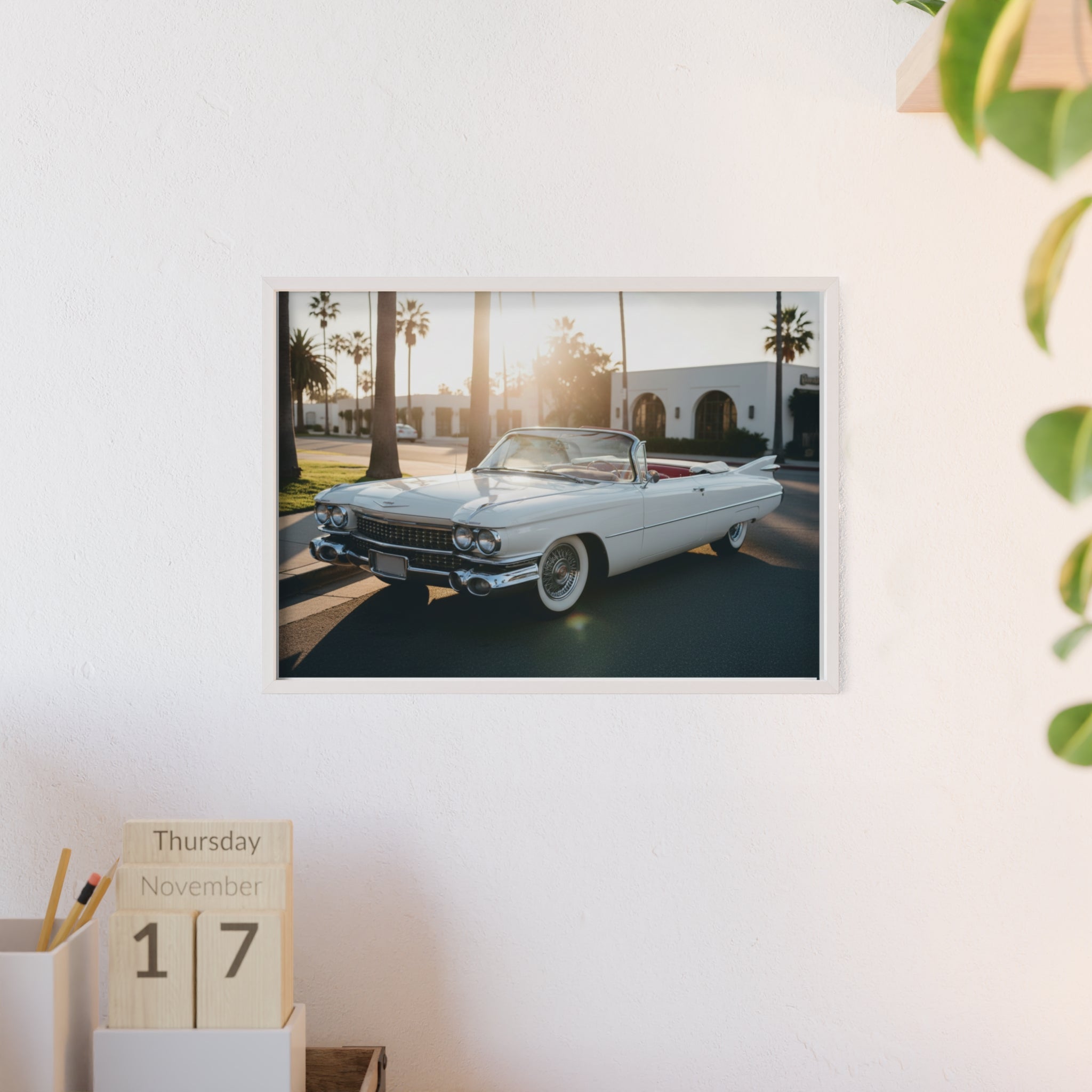 Vintage Cadillac Convertible Poster with Wooden Frame — Retro Palm Trees Sunset Wall Art
