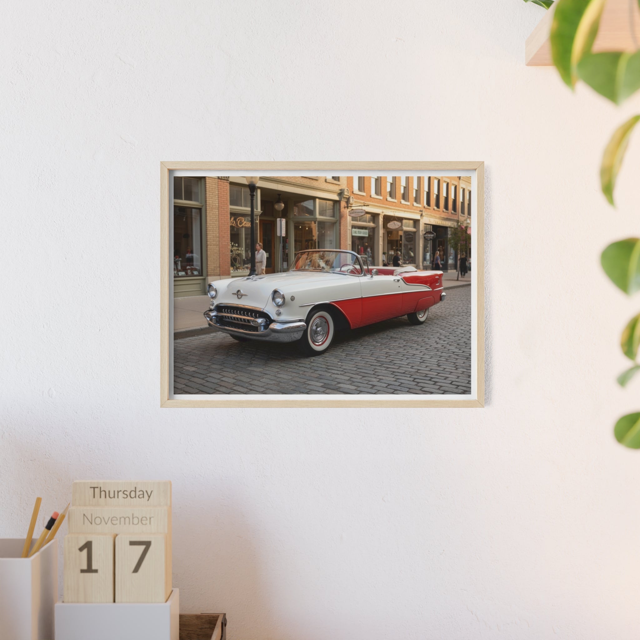 Vintage Red & White Convertible Poster with Wooden Frame — Retro Car Wall Art