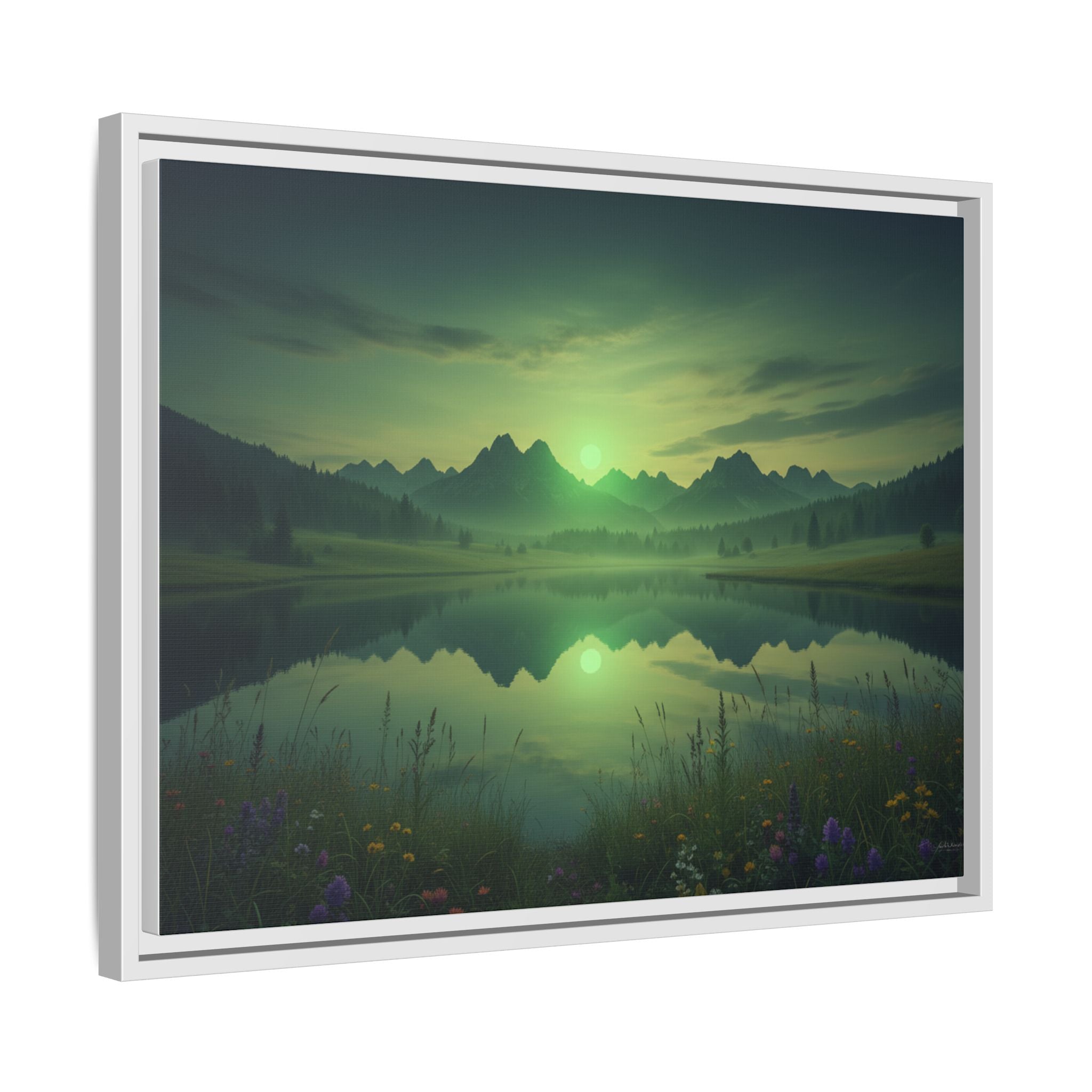 Framed Matte Canvas Print — Serene Green Mountain Lake Landscape