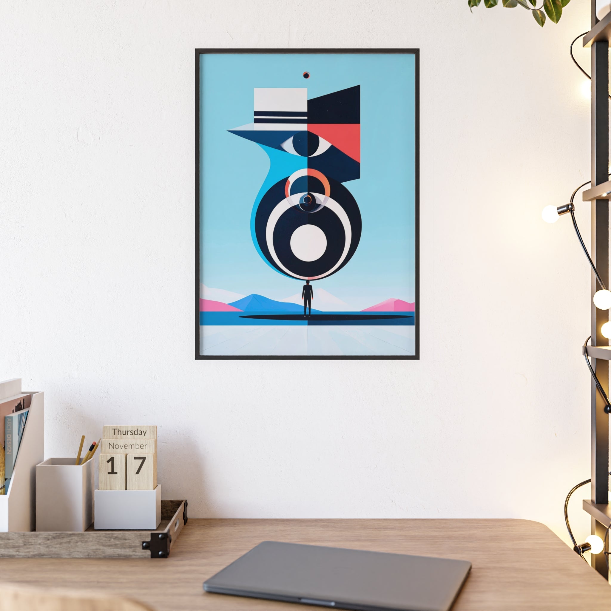 Abstract Geometric Bird Poster with Wooden Frame — Modern Minimalist Wall Art