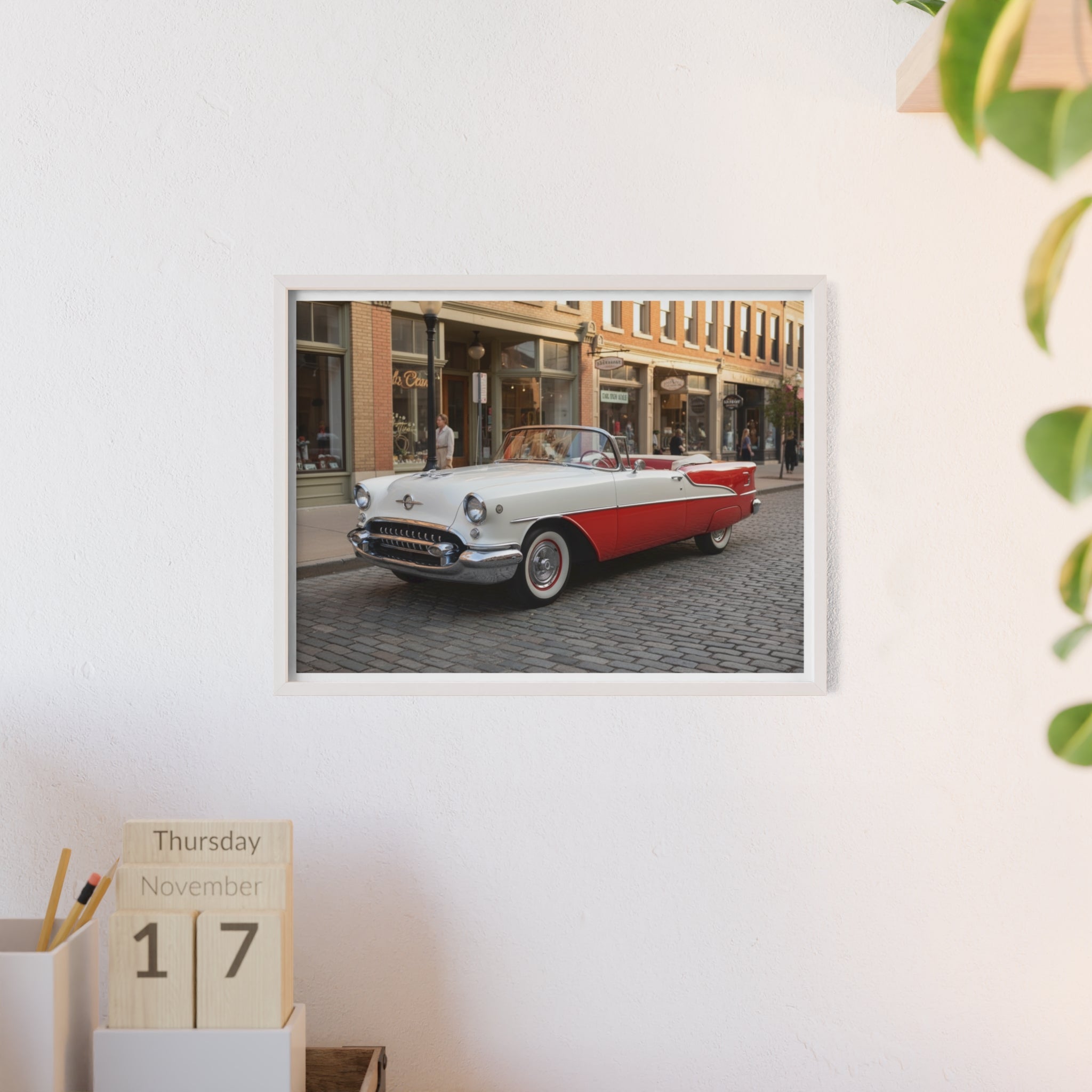 Vintage Red & White Convertible Poster with Wooden Frame — Retro Car Wall Art