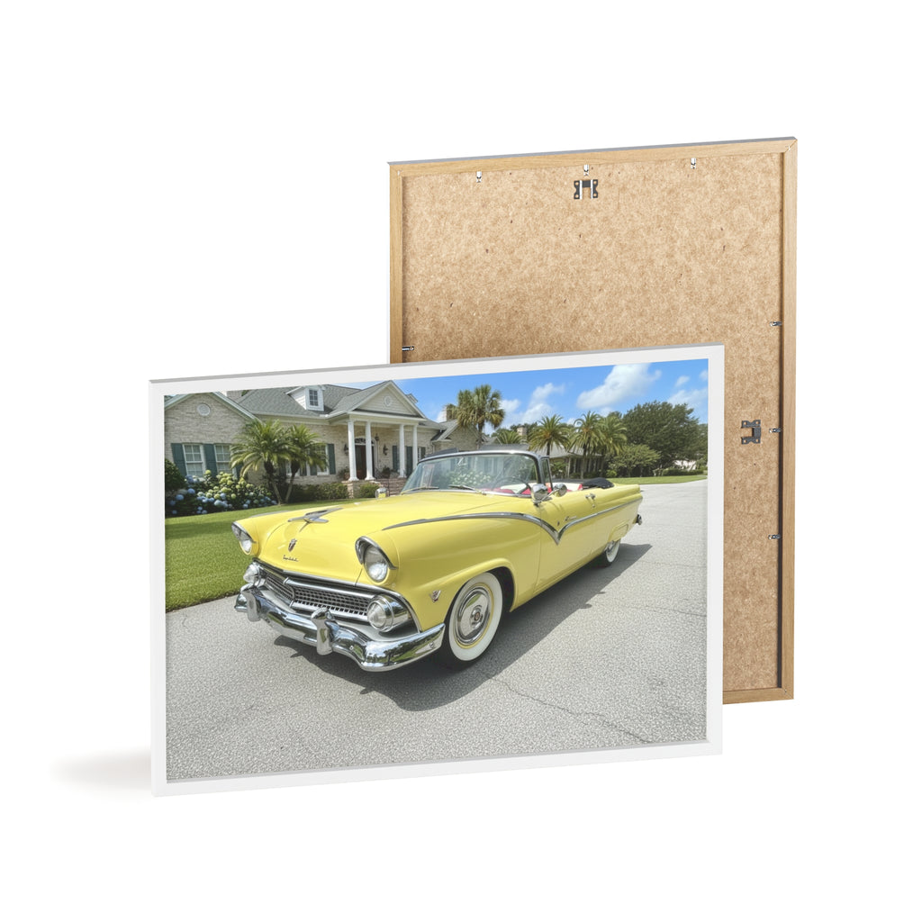 Vintage Yellow Classic Car Poster — Framed Wooden Wall Art