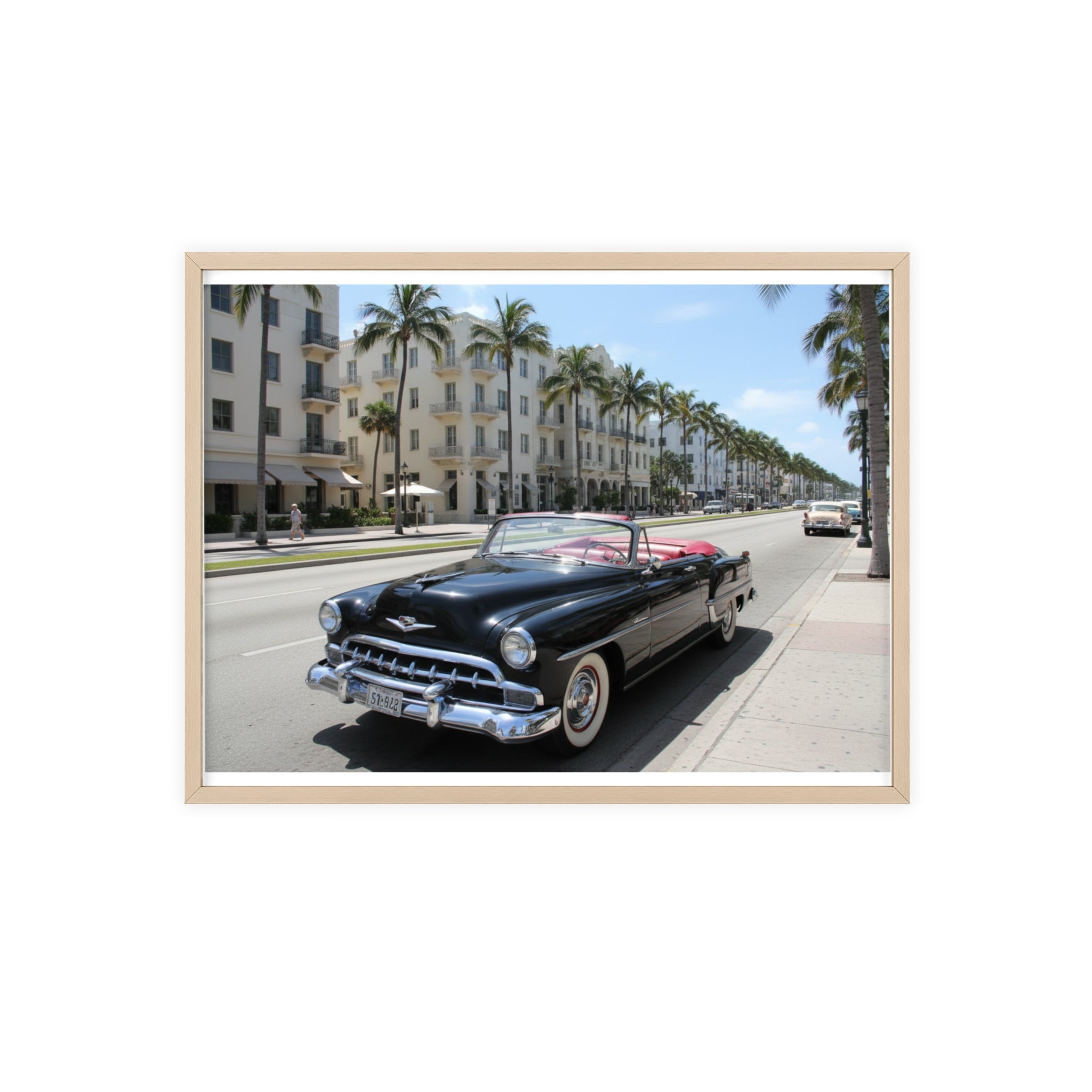 Vintage Convertible on Ocean Drive Framed Poster – Retro Classic Car Wall Art