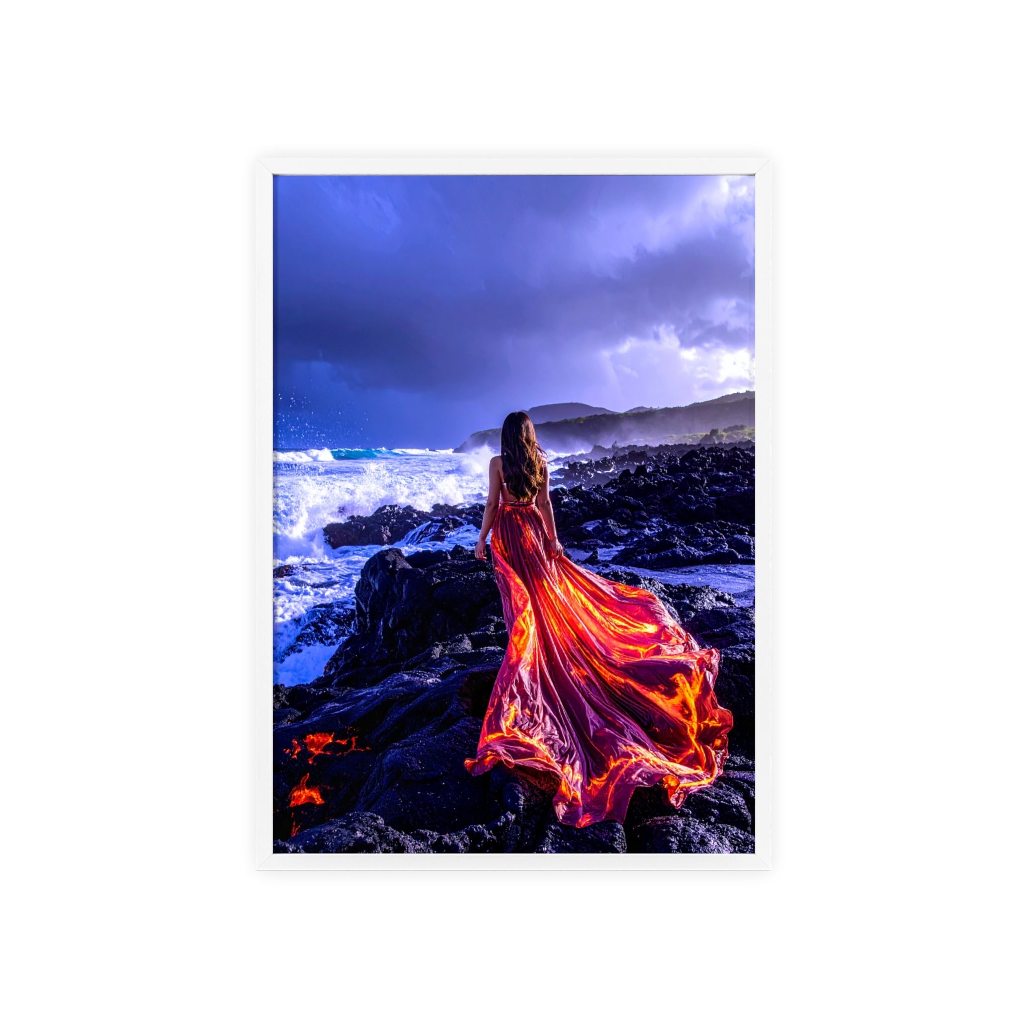 Framed Art Print — Woman in Fiery Red Dress on Rocky Shore (Wooden Frame Poster)