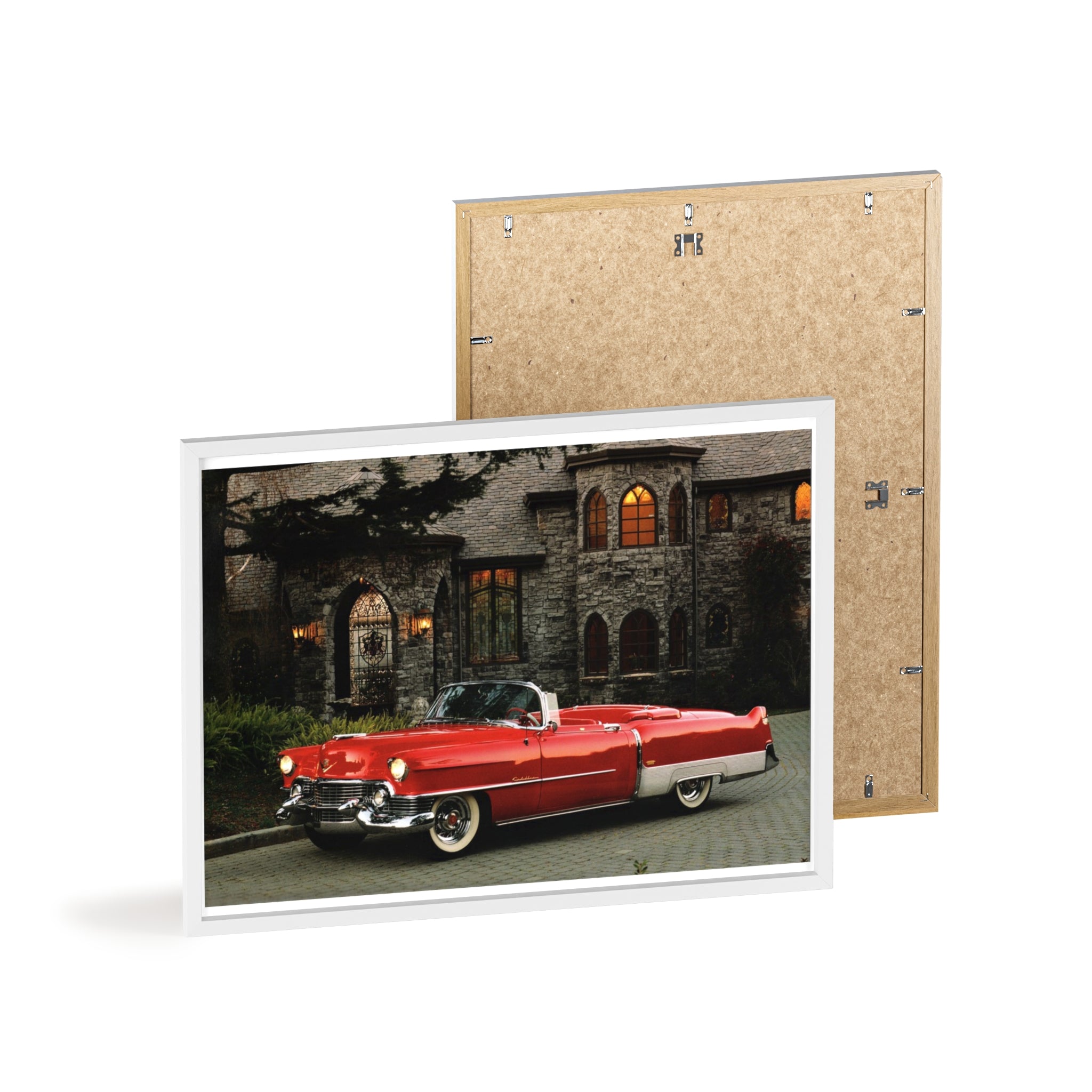 Vintage Red Convertible Poster with Wooden Frame — Classic Car Wall Art