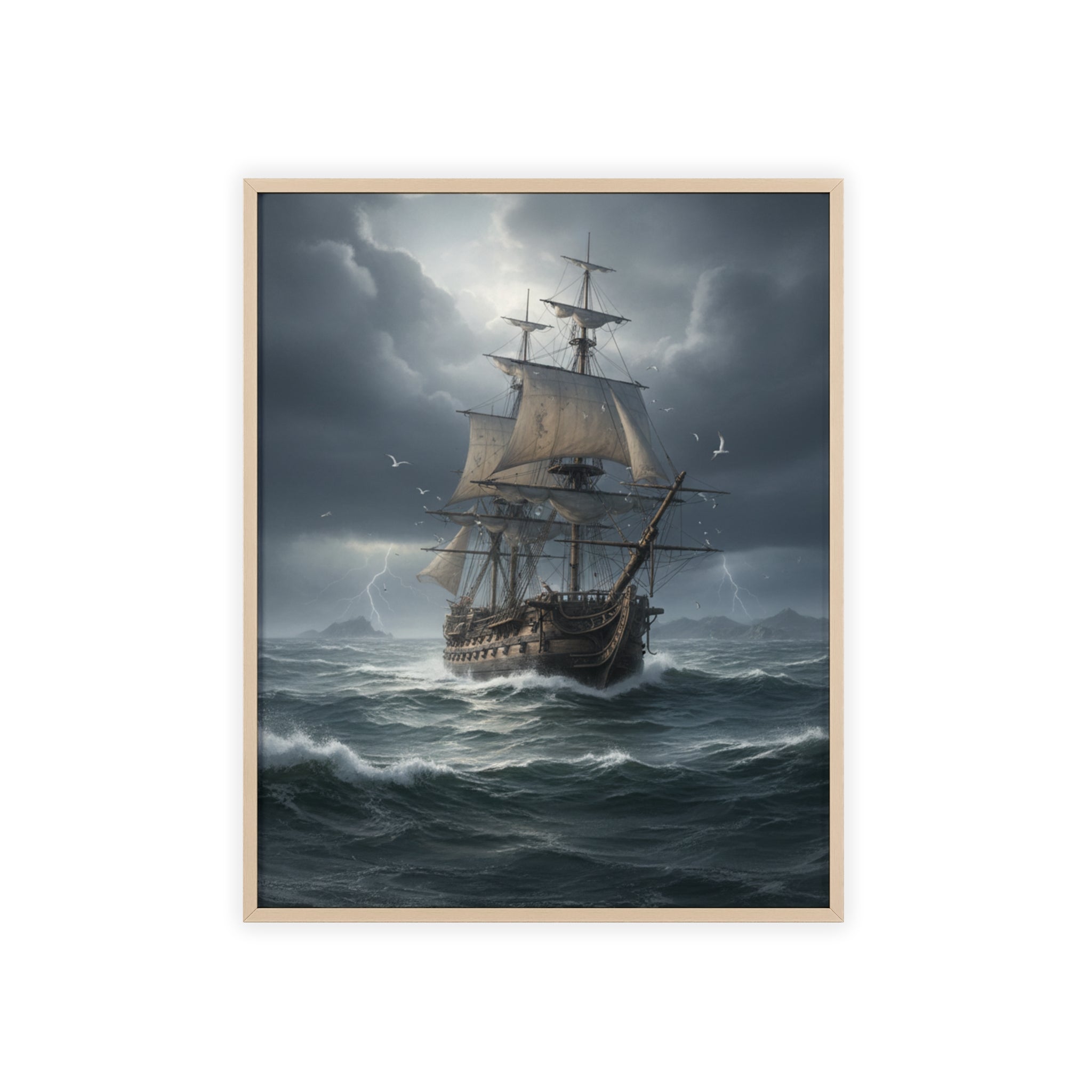 Framed Stormy Sea Ship Poster — Nautical Wall Art with Wooden Frame