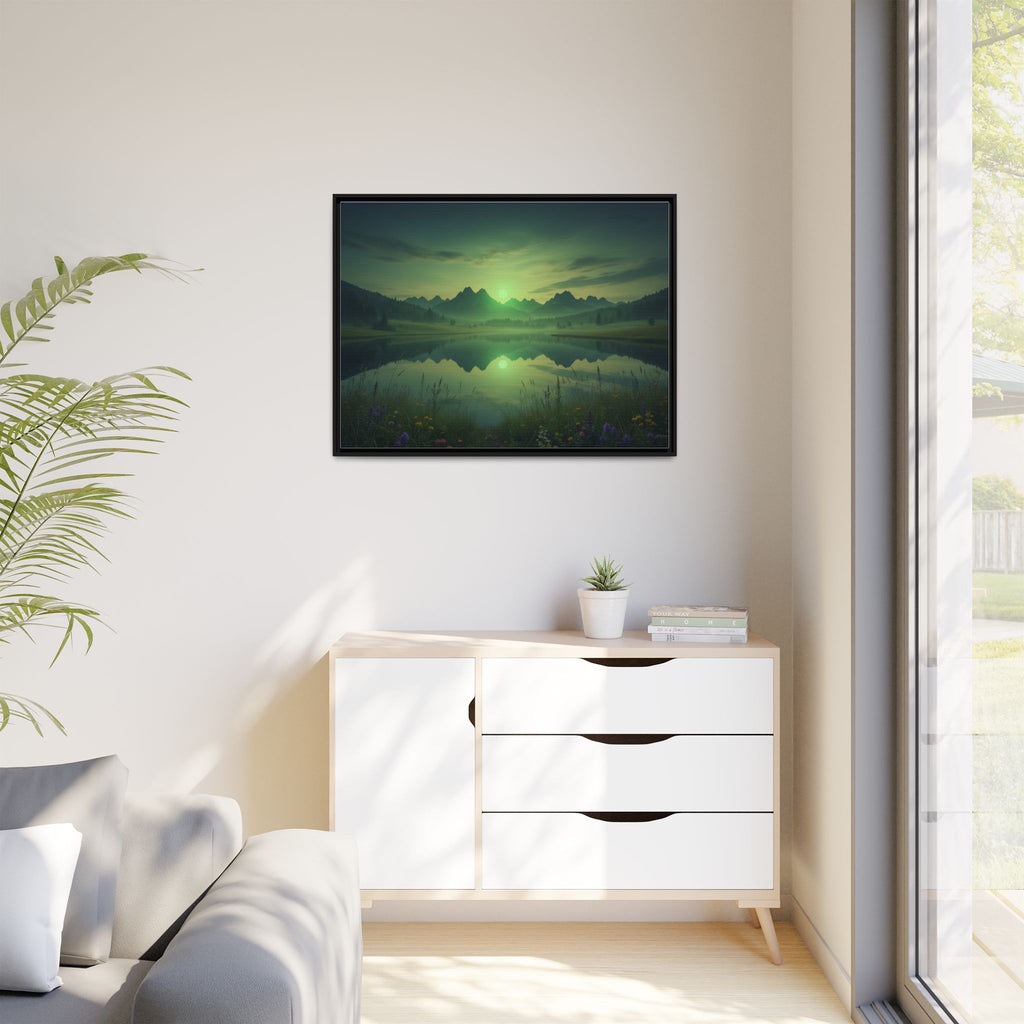 Framed Matte Canvas Print — Serene Green Mountain Lake Landscape