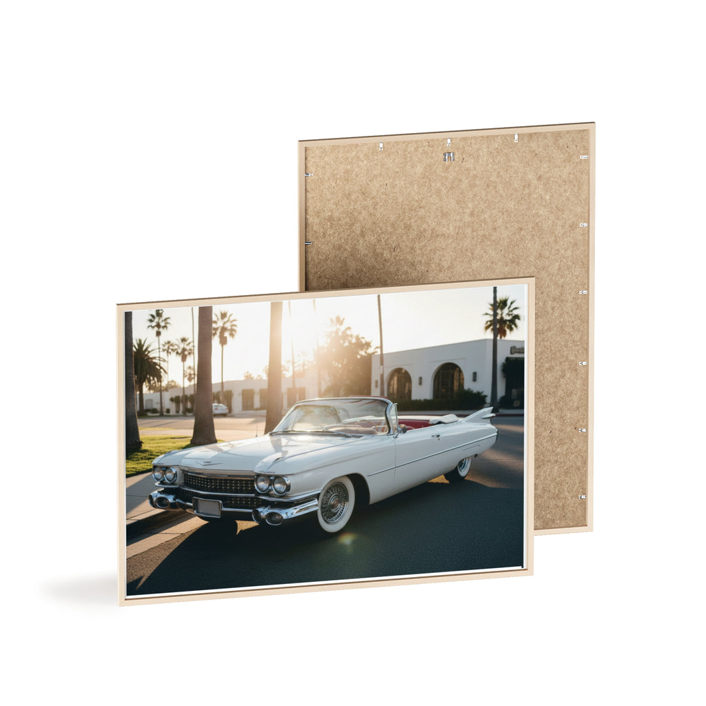 Vintage Cadillac Convertible Poster with Wooden Frame — Retro Palm Trees Sunset Wall Art