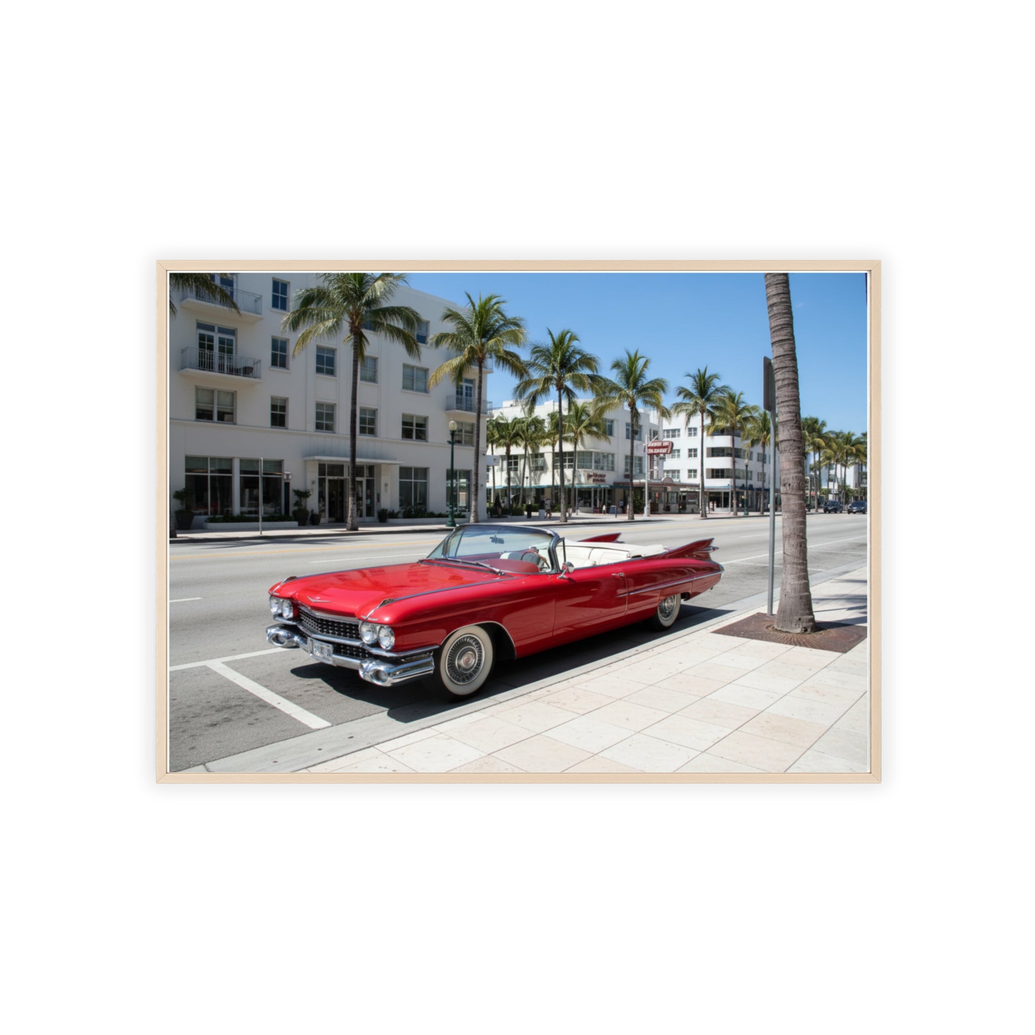 Retro Red Convertible Palm Beach Poster with Wooden Frame