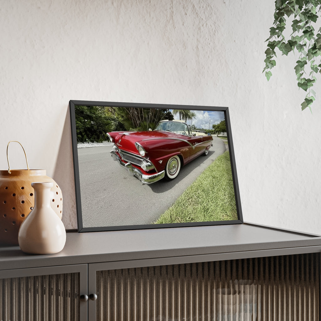 Vintage Red Convertible Poster with Wooden Frame — Classic Car Wall Art