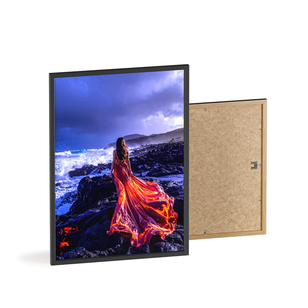 Framed Art Print — Woman in Fiery Red Dress on Rocky Shore (Wooden Frame Poster)