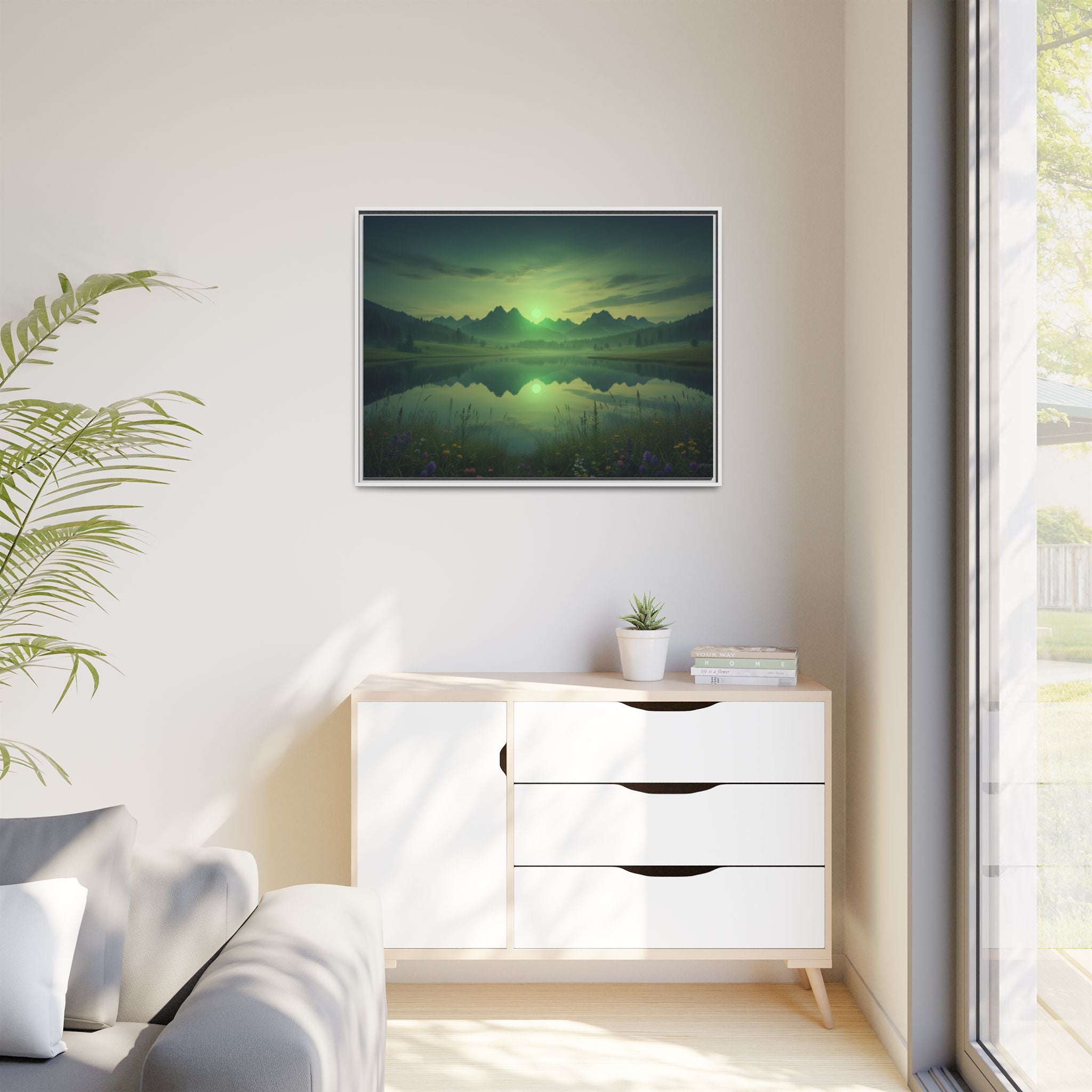Framed Matte Canvas Print — Serene Green Mountain Lake Landscape