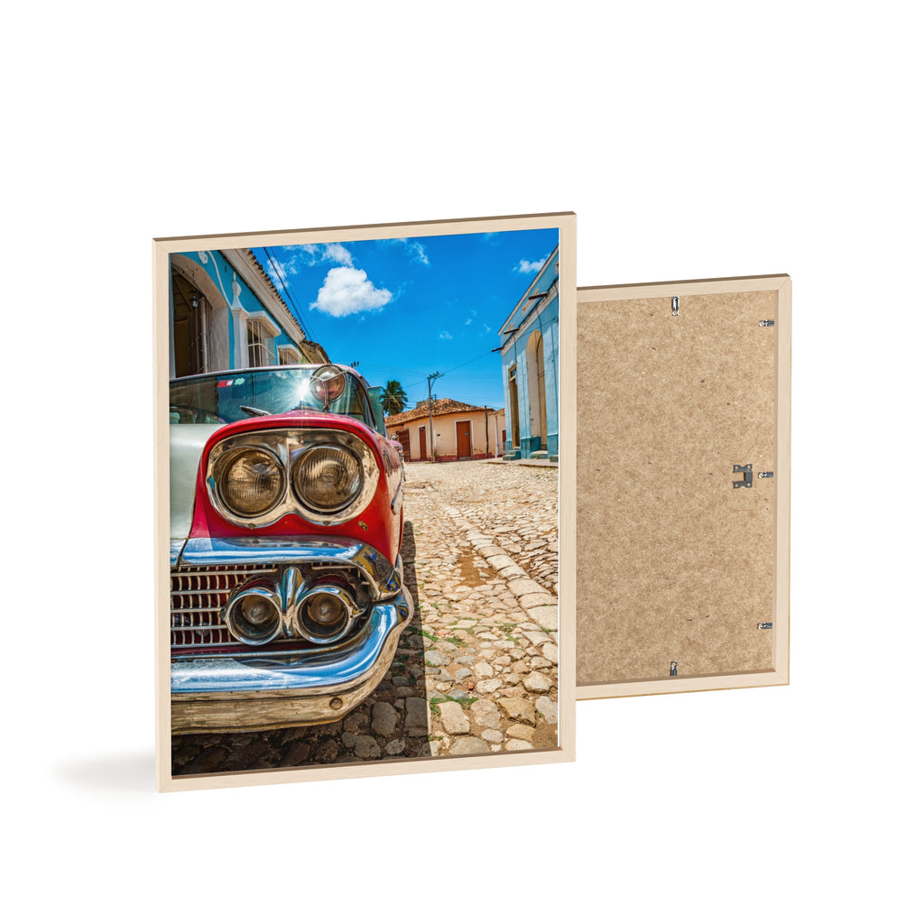Vintage Classic Car Poster with Wooden Frame — Retro Cuba Street Photography Wall Art