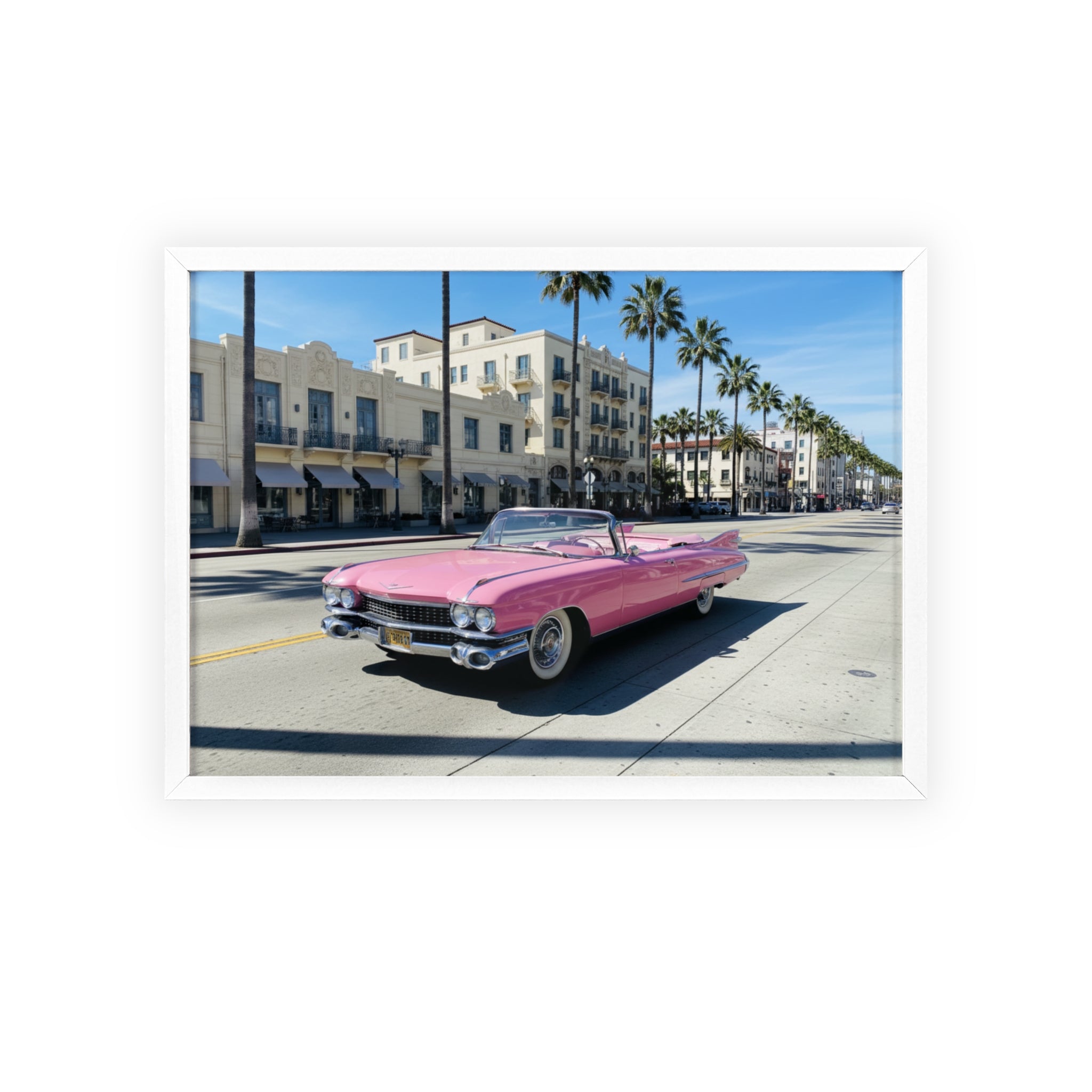 Retro Pink Cadillac Poster with Wooden Frame — Vintage Palm-Drive Wall Art