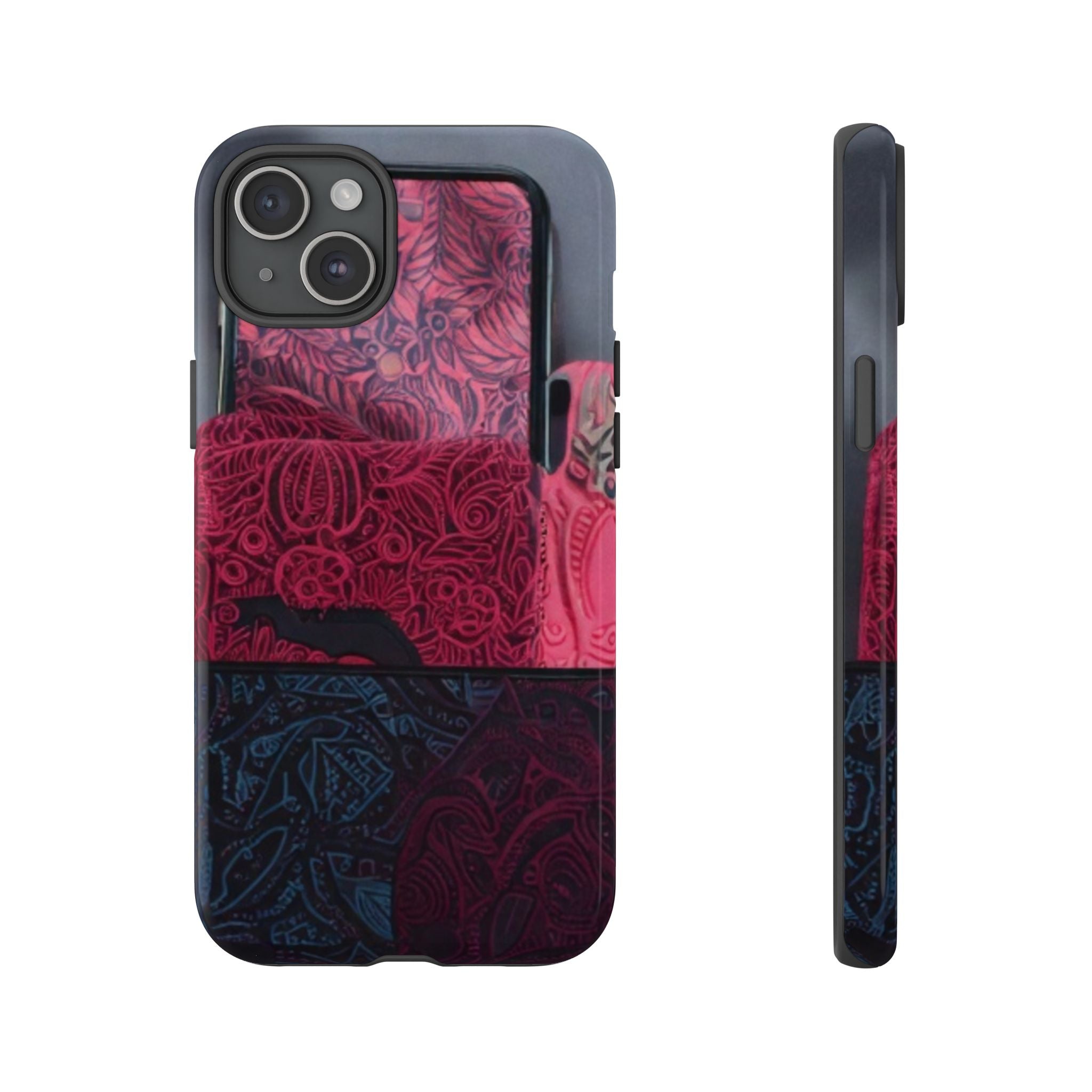 Floral Patchwork Tough Phone Case — Pink & Navy Doodle Design