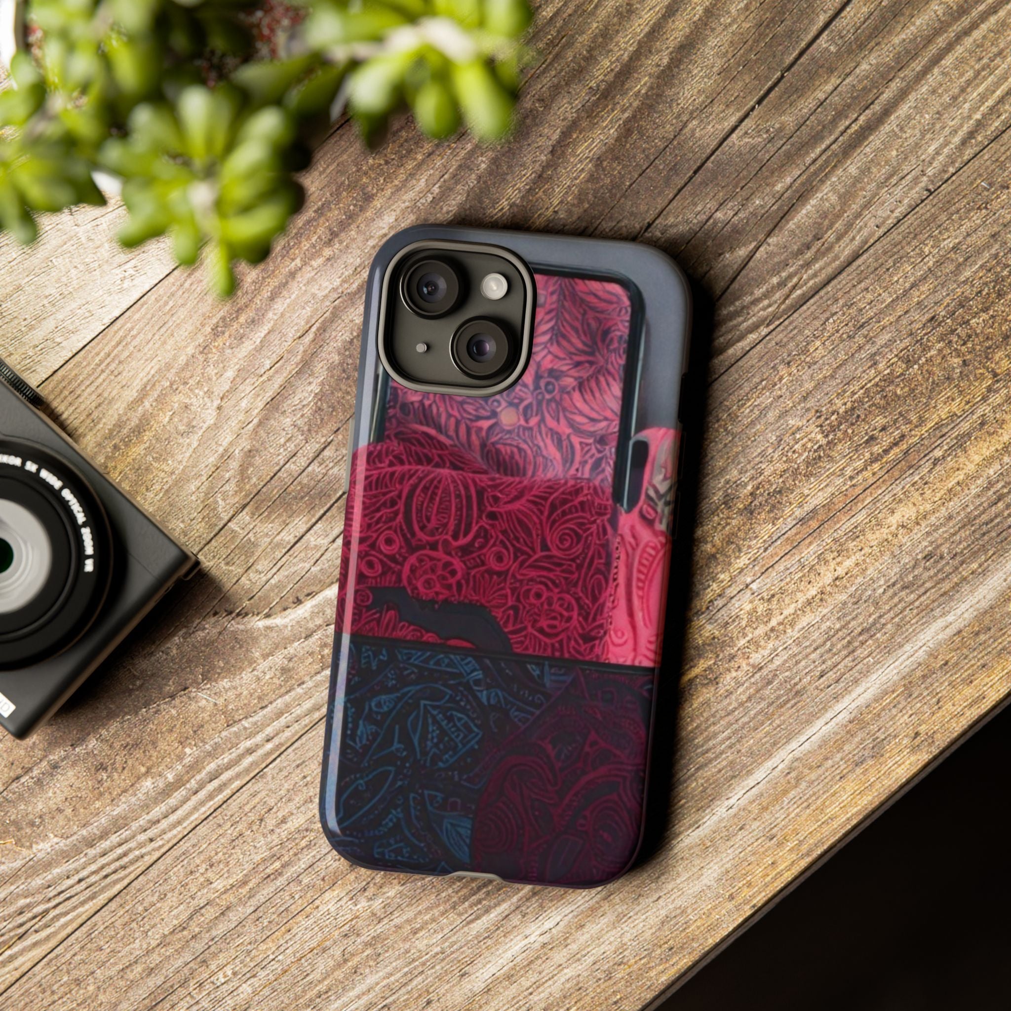 Floral Patchwork Tough Phone Case — Pink & Navy Doodle Design