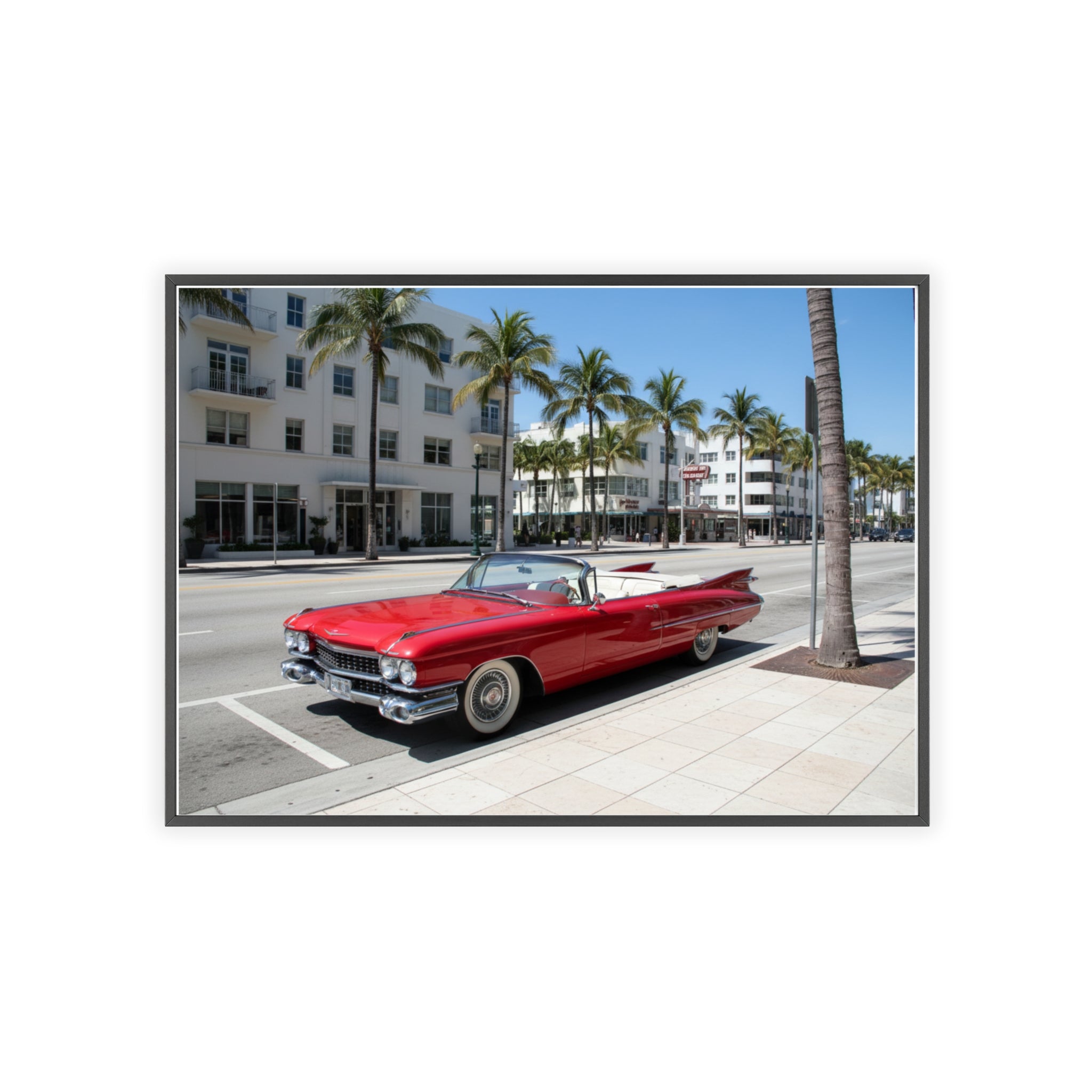 Retro Red Convertible Palm Beach Poster with Wooden Frame