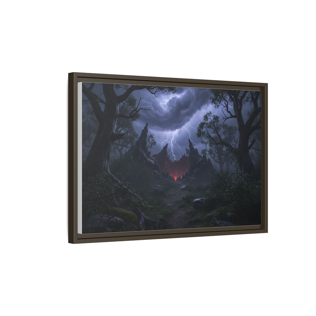 Dark Storm Forest Framed Canvas Print — Lightning, Haunted Castle Art