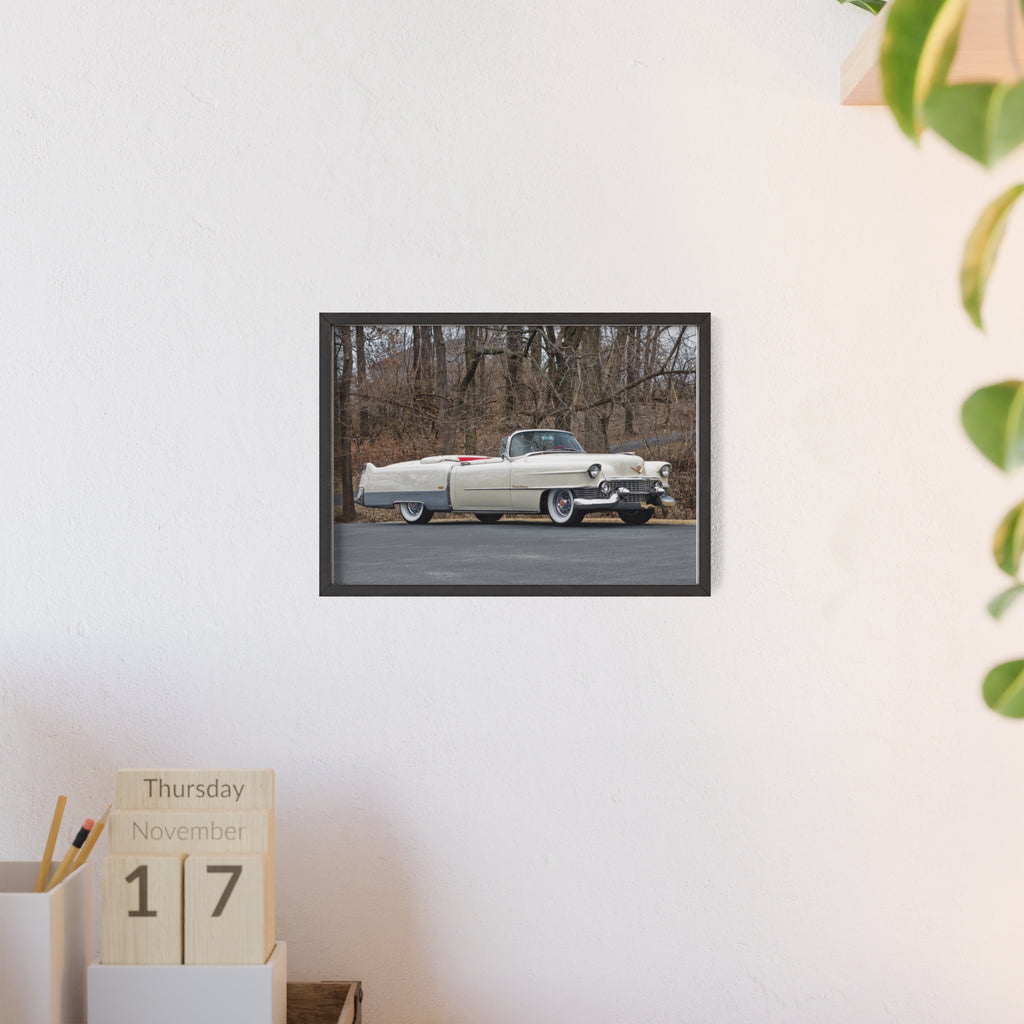 Vintage 1950s White Cadillac Poster with Wooden Frame - Classic Car Wall Art