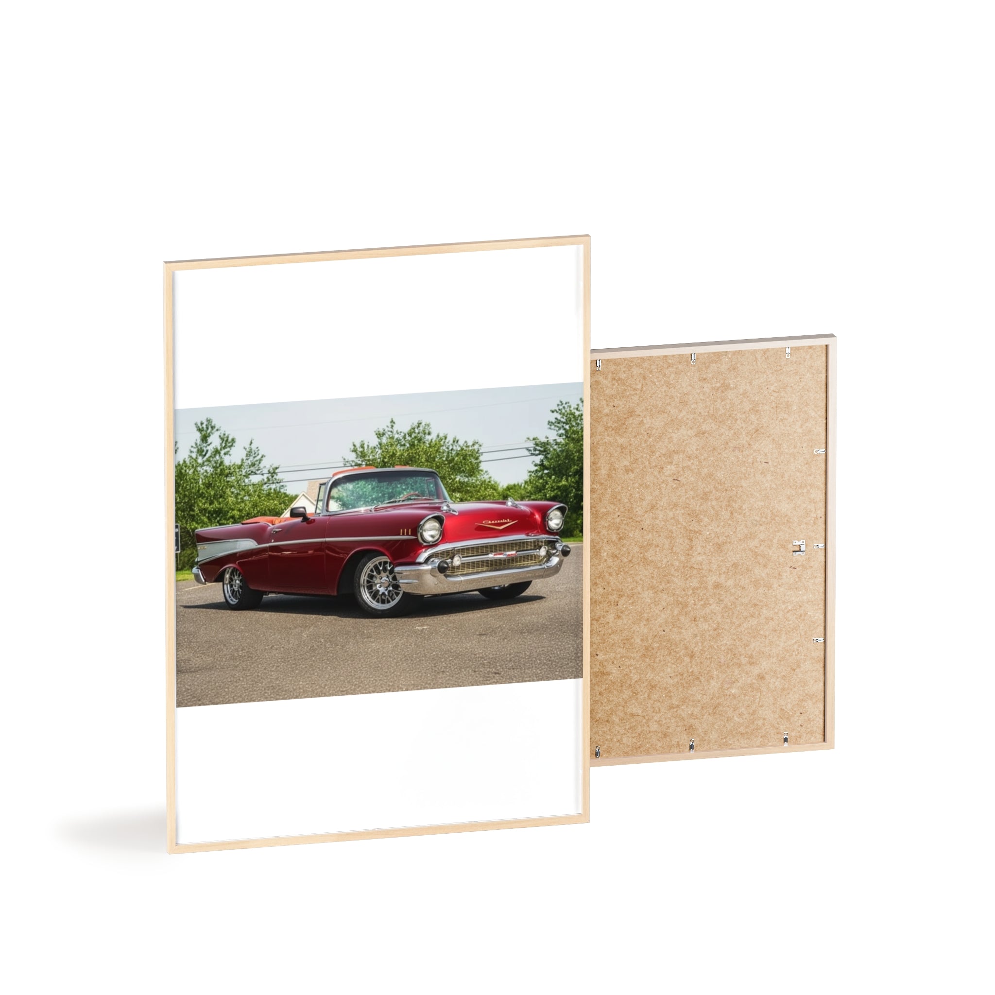 Classic Red Chevy Poster with Wooden Frame — Vintage Car Wall Art for Garage, Man Cave, Auto Enthusiasts