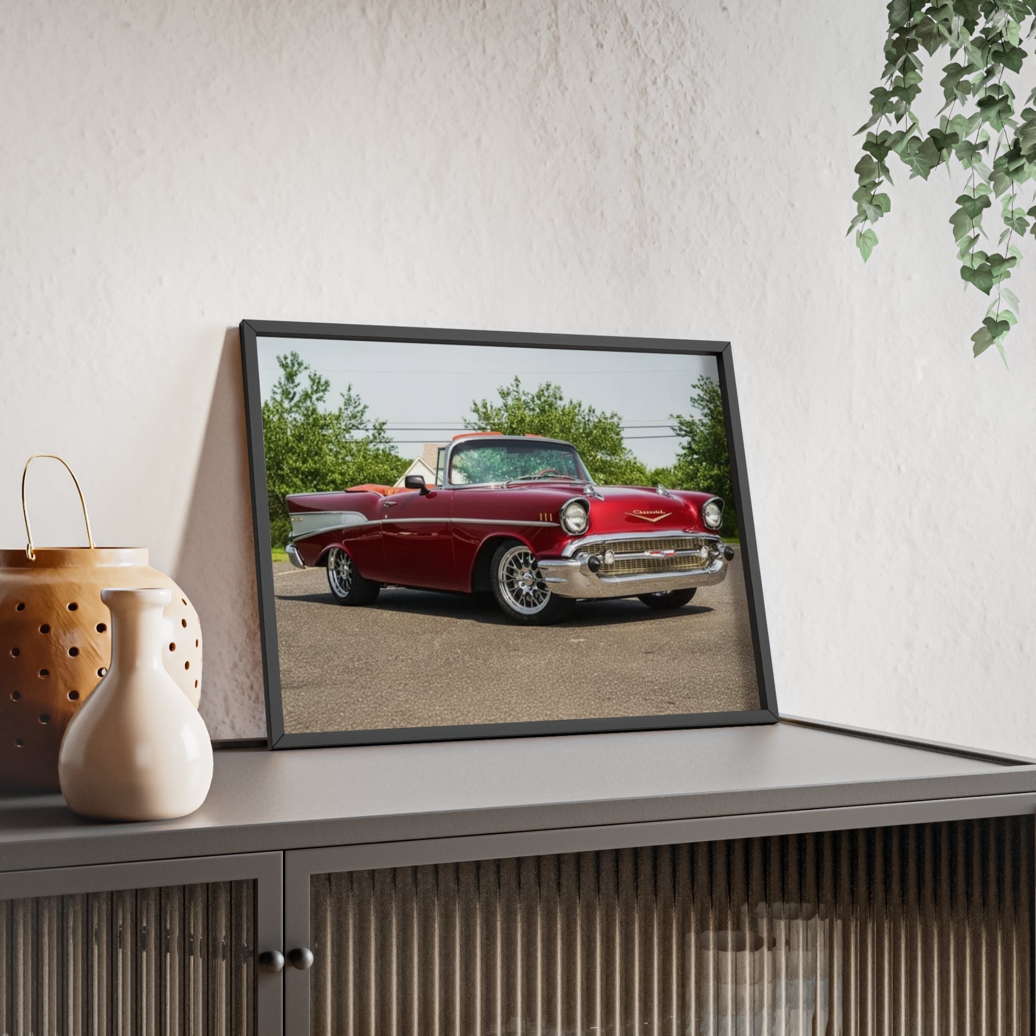 Vintage Red Classic Car Poster with Wooden Frame — Retro Automotive Wall Art