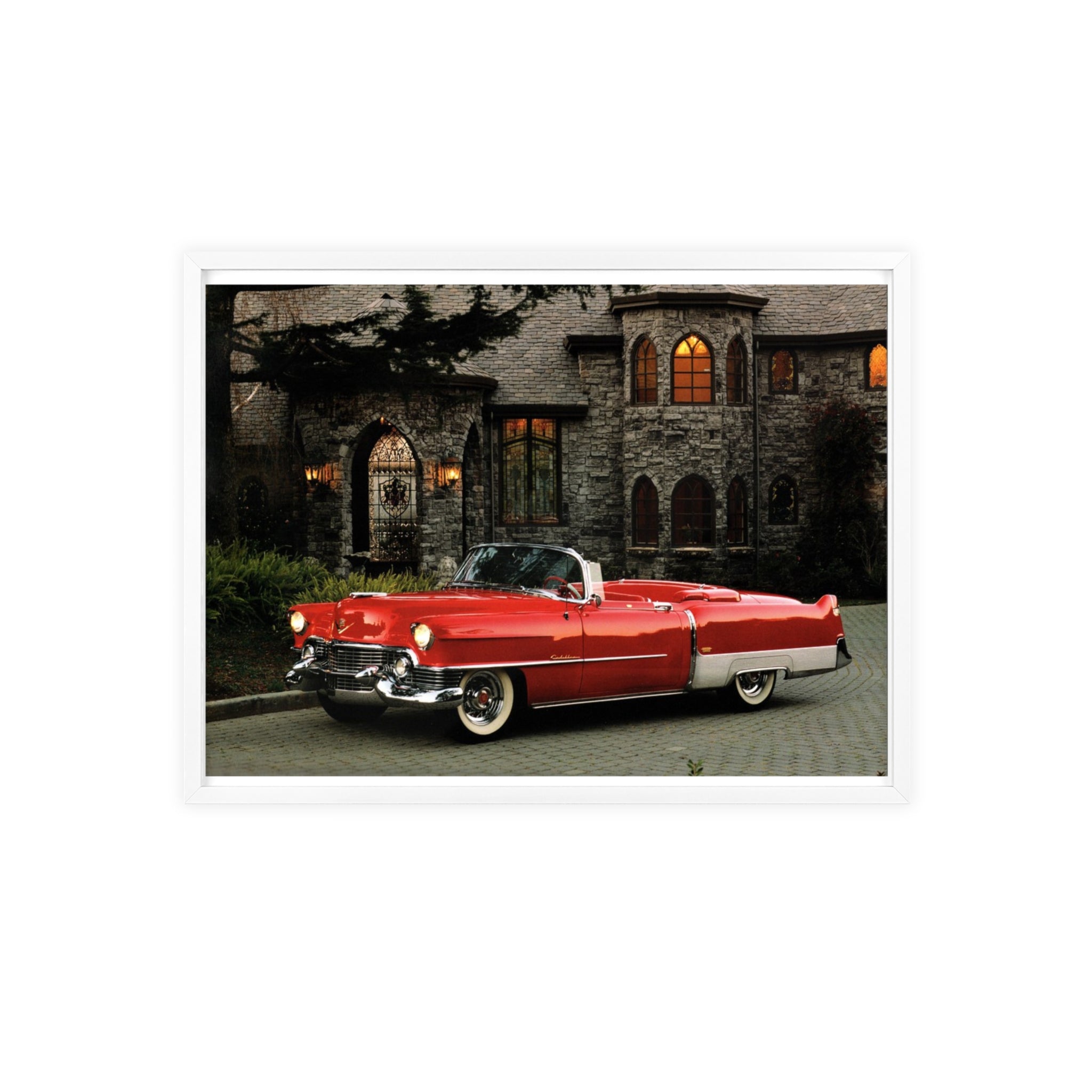 Vintage Red Convertible Poster with Wooden Frame — Classic Car Wall Art
