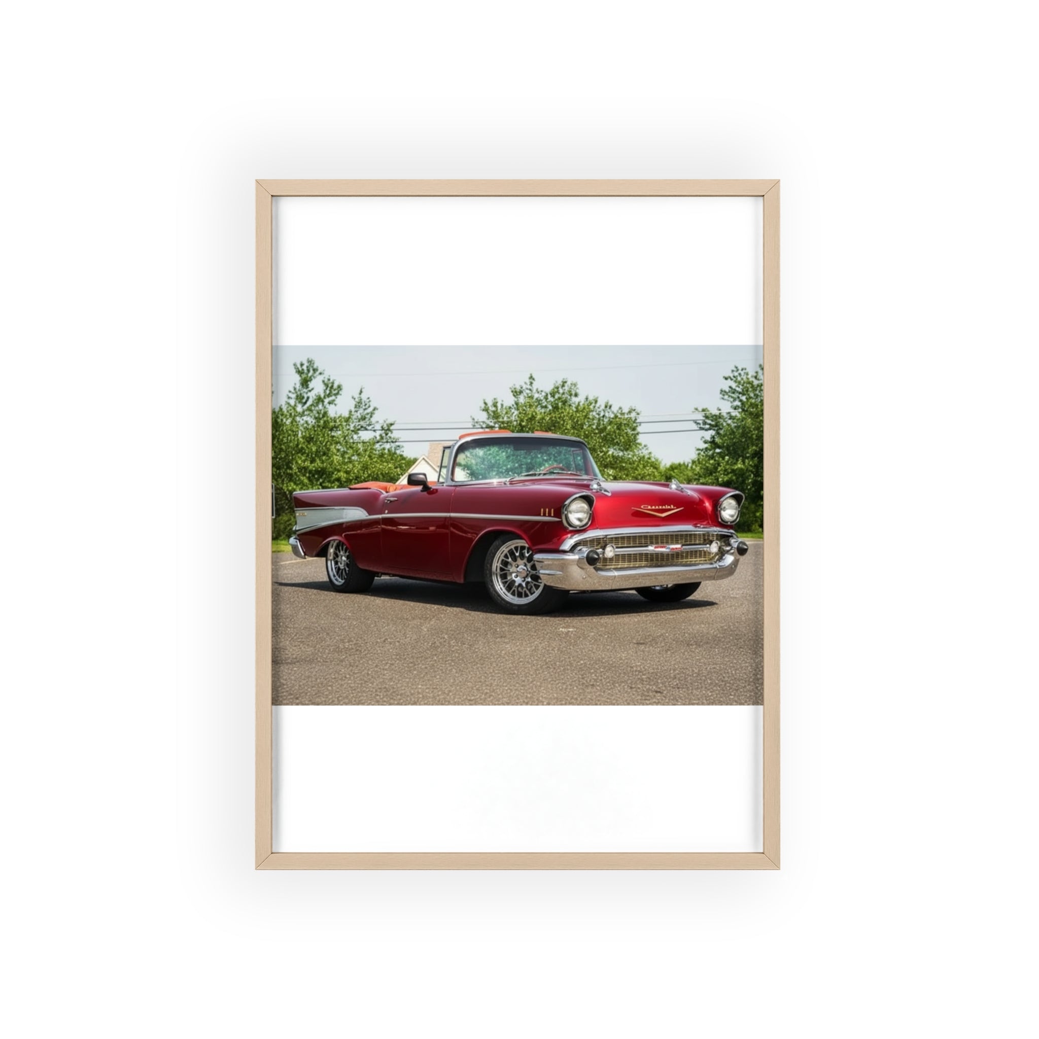 Classic Red Chevy Poster with Wooden Frame — Vintage Car Wall Art for Garage, Man Cave, Auto Enthusiasts