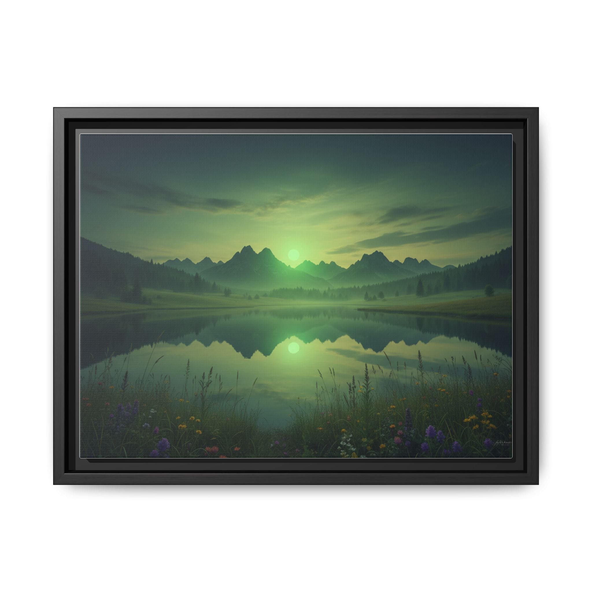Framed Matte Canvas Print — Serene Green Mountain Lake Landscape