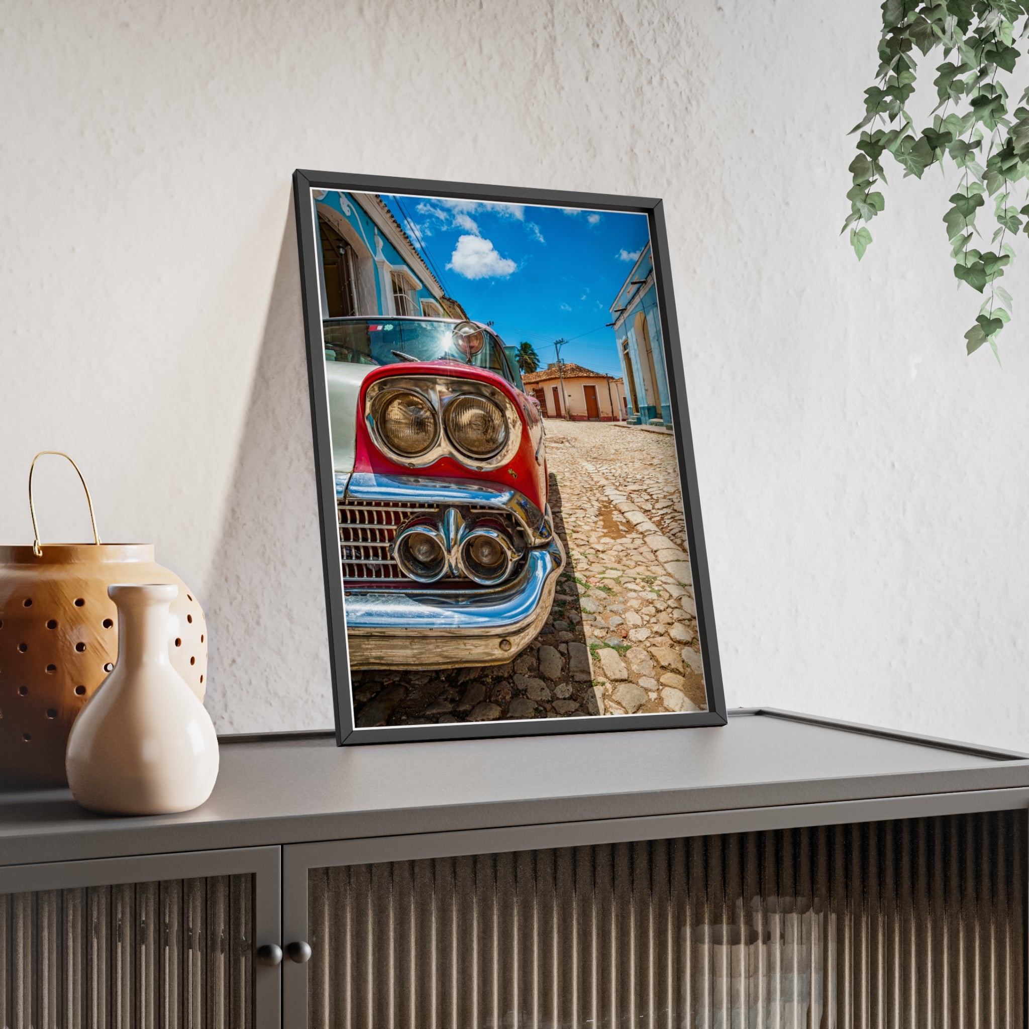 Vintage Classic Car Poster with Wooden Frame — Retro Cuba Street Photography Wall Art