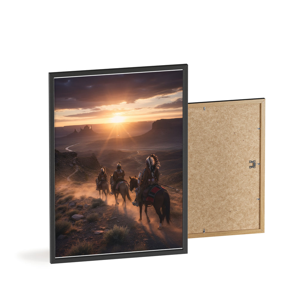 Framed Western Sunset Poster — Native Riders on Horseback Wall Art