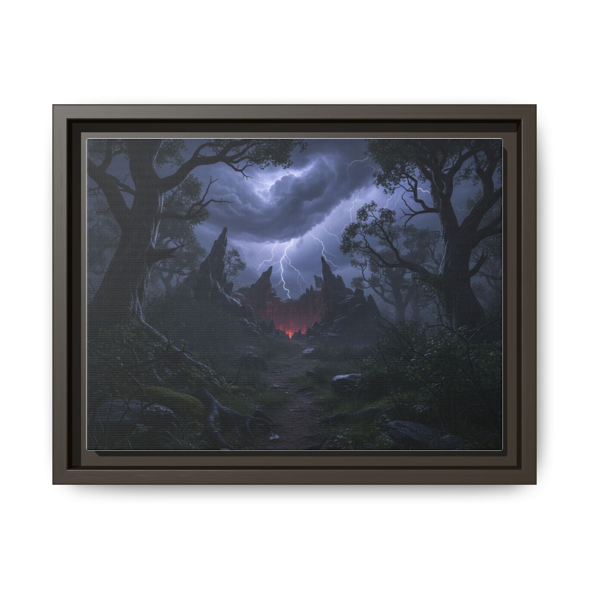 Dark Storm Forest Framed Canvas Print — Lightning, Haunted Castle Art