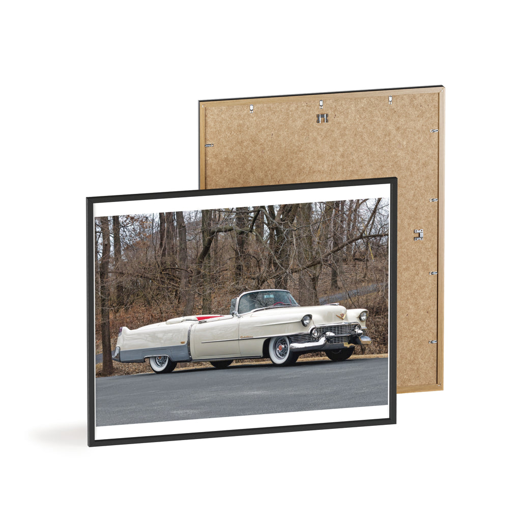 Vintage 1950s White Cadillac Poster with Wooden Frame - Classic Car Wall Art