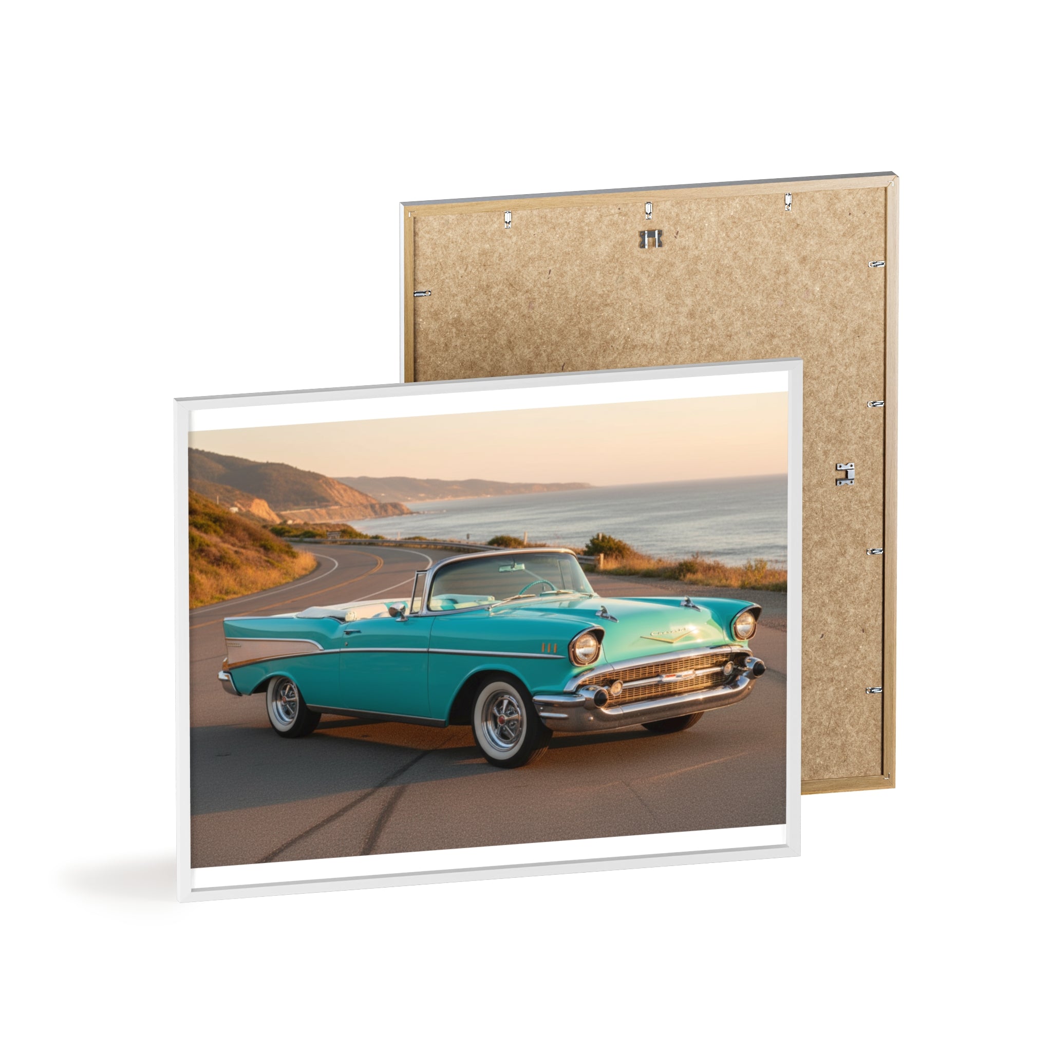 Vintage Teal Classic Car Poster with Wooden Frame — Coastal Road Print