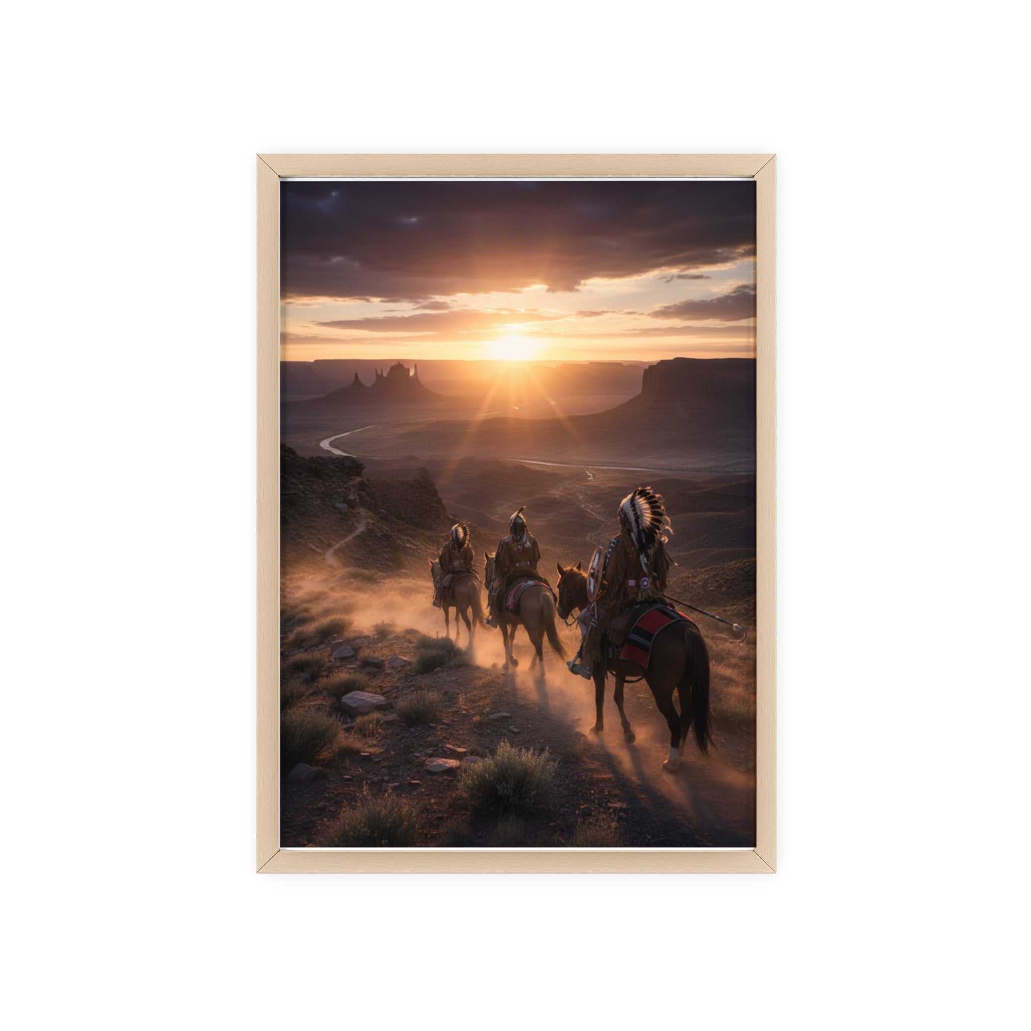 Framed Western Sunset Poster — Native Riders on Horseback Wall Art