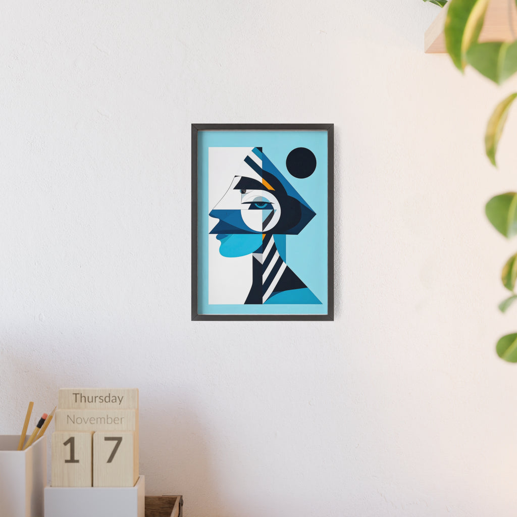Abstract Geometric Portrait Poster with Wooden Frame — Blue Modern Wall Art