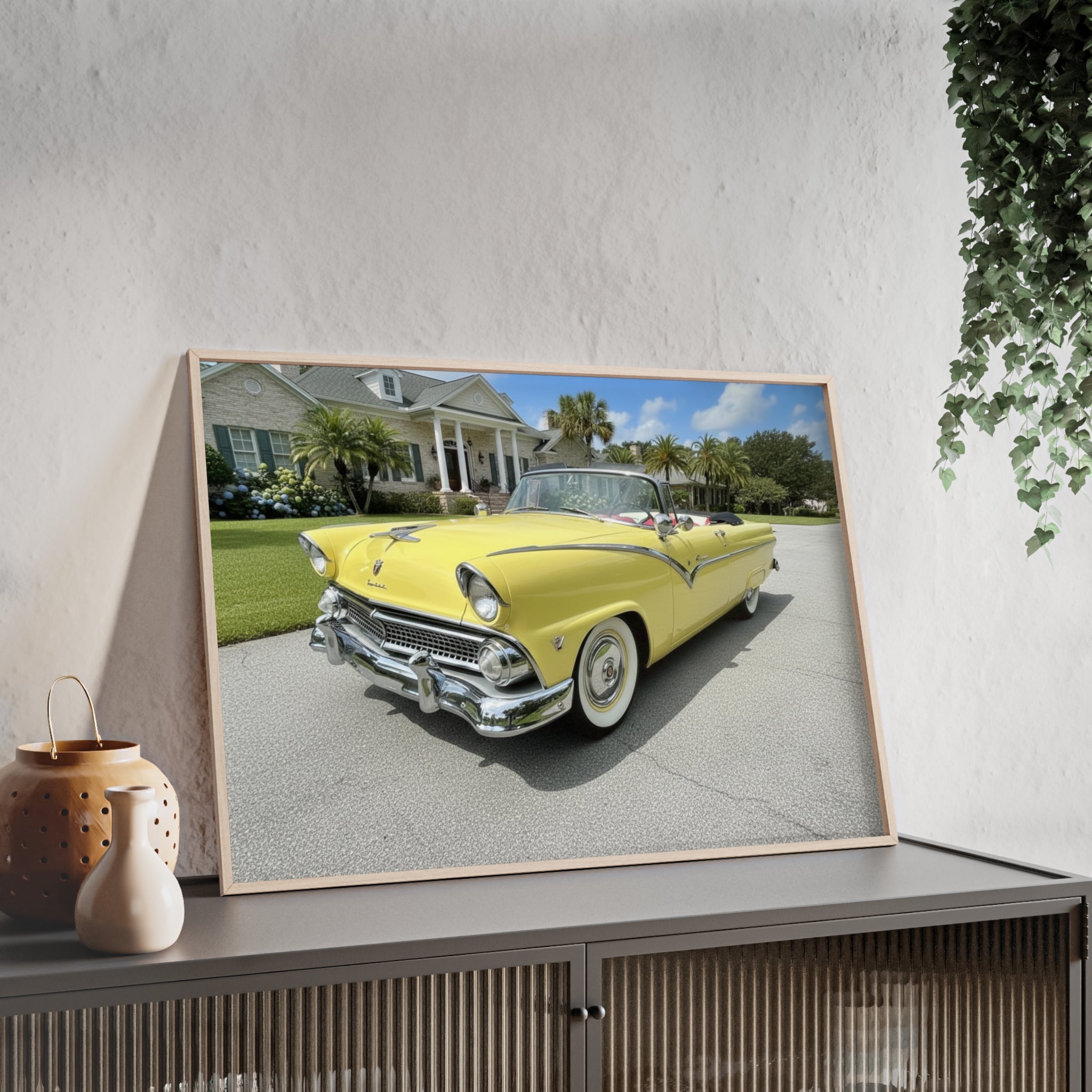 Vintage Yellow Classic Car Poster — Framed Wooden Wall Art