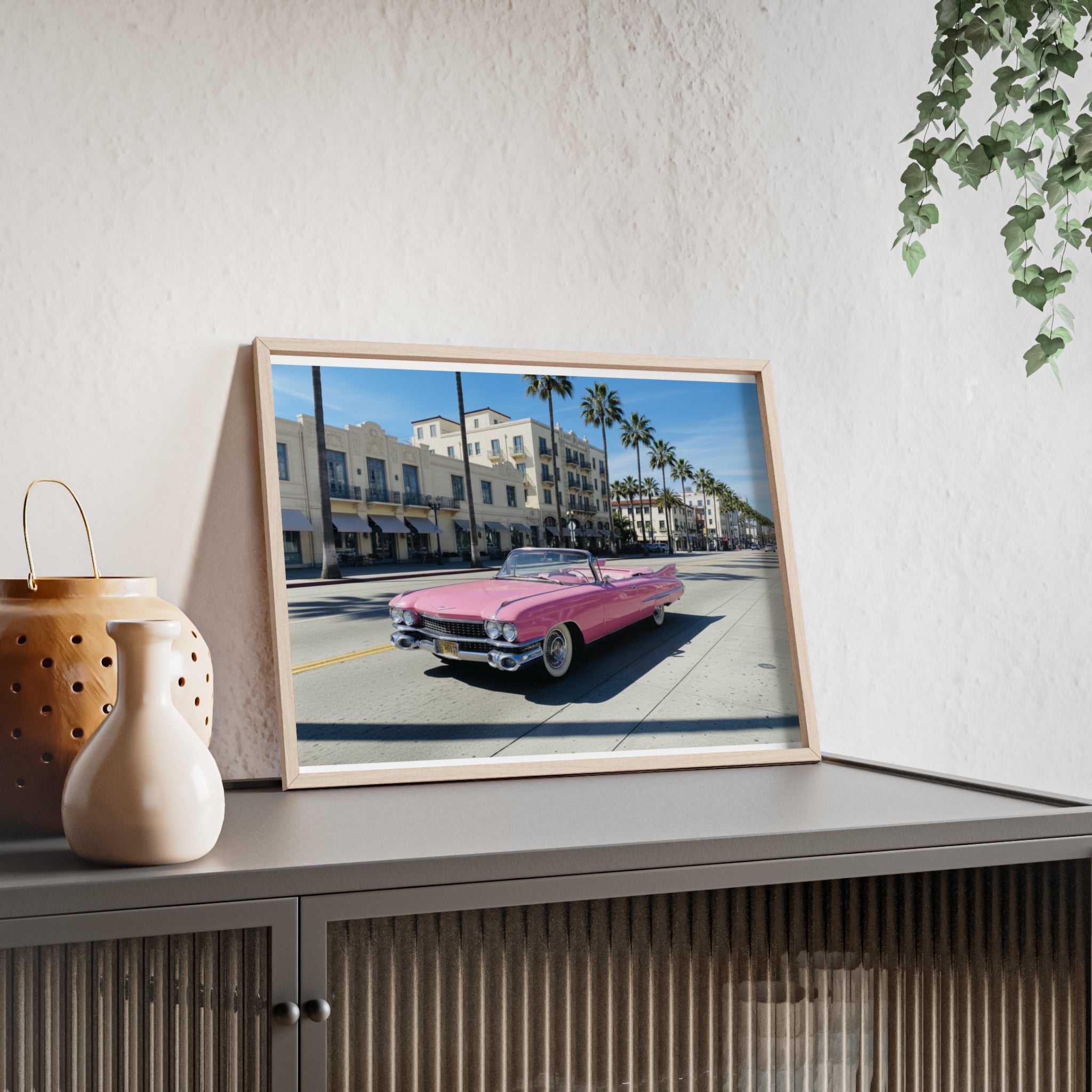 Retro Pink Cadillac Poster with Wooden Frame — Vintage Palm-Drive Wall Art
