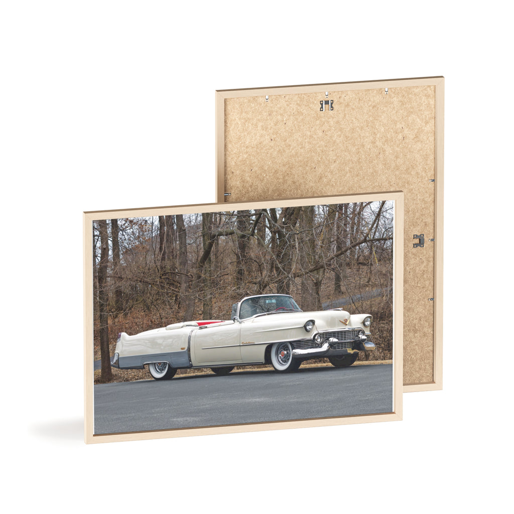 Vintage 1950s White Cadillac Poster with Wooden Frame - Classic Car Wall Art