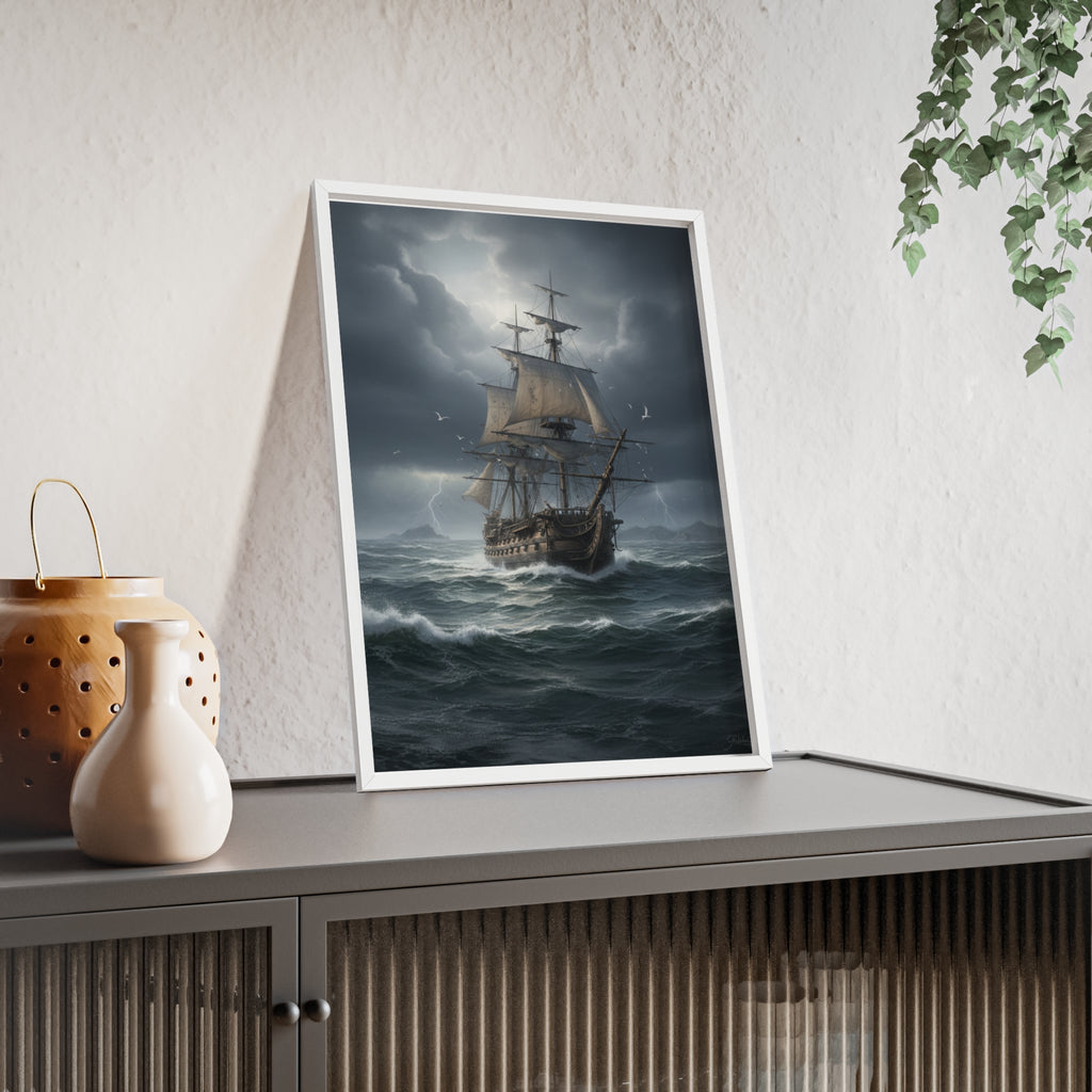Framed Stormy Sea Ship Poster — Nautical Wall Art with Wooden Frame