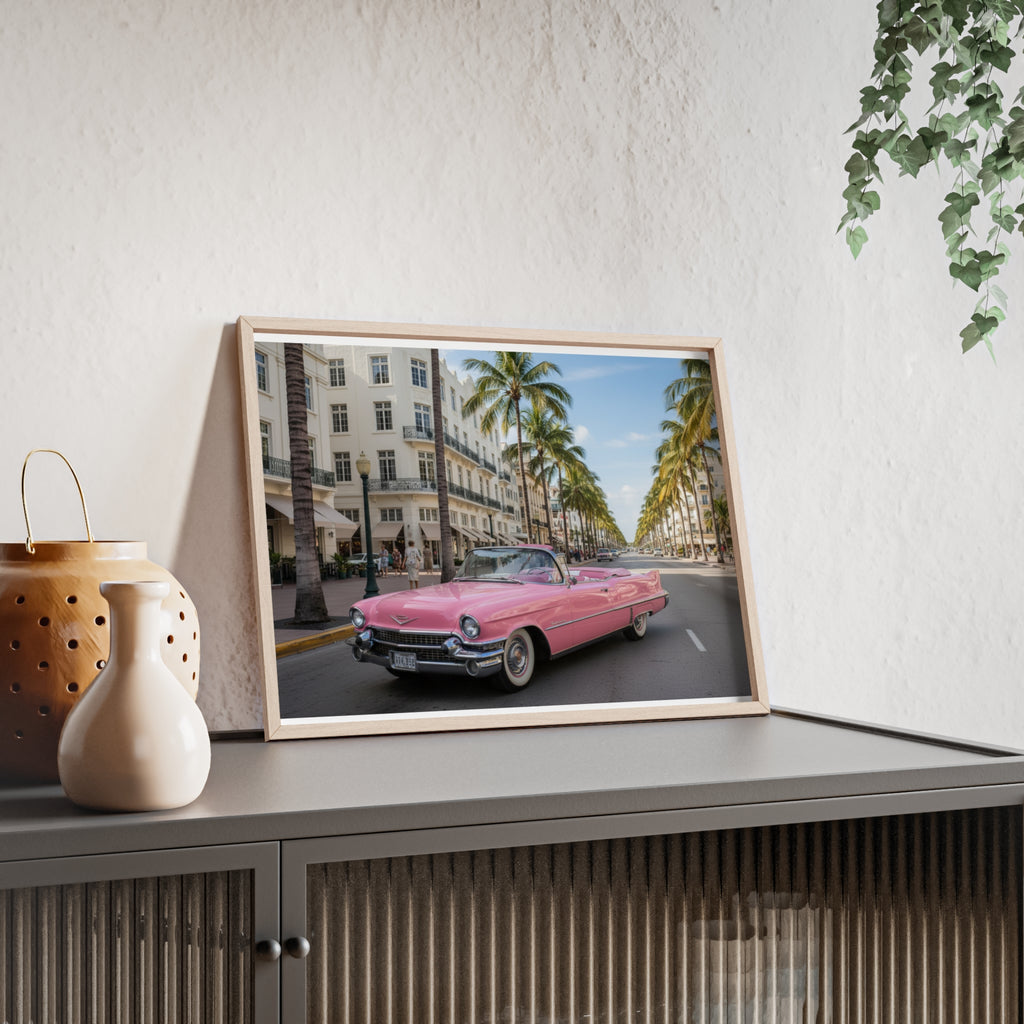 Vintage Pink Cadillac Wall Poster with Wooden Frame — Retro Miami Palm Street Photography