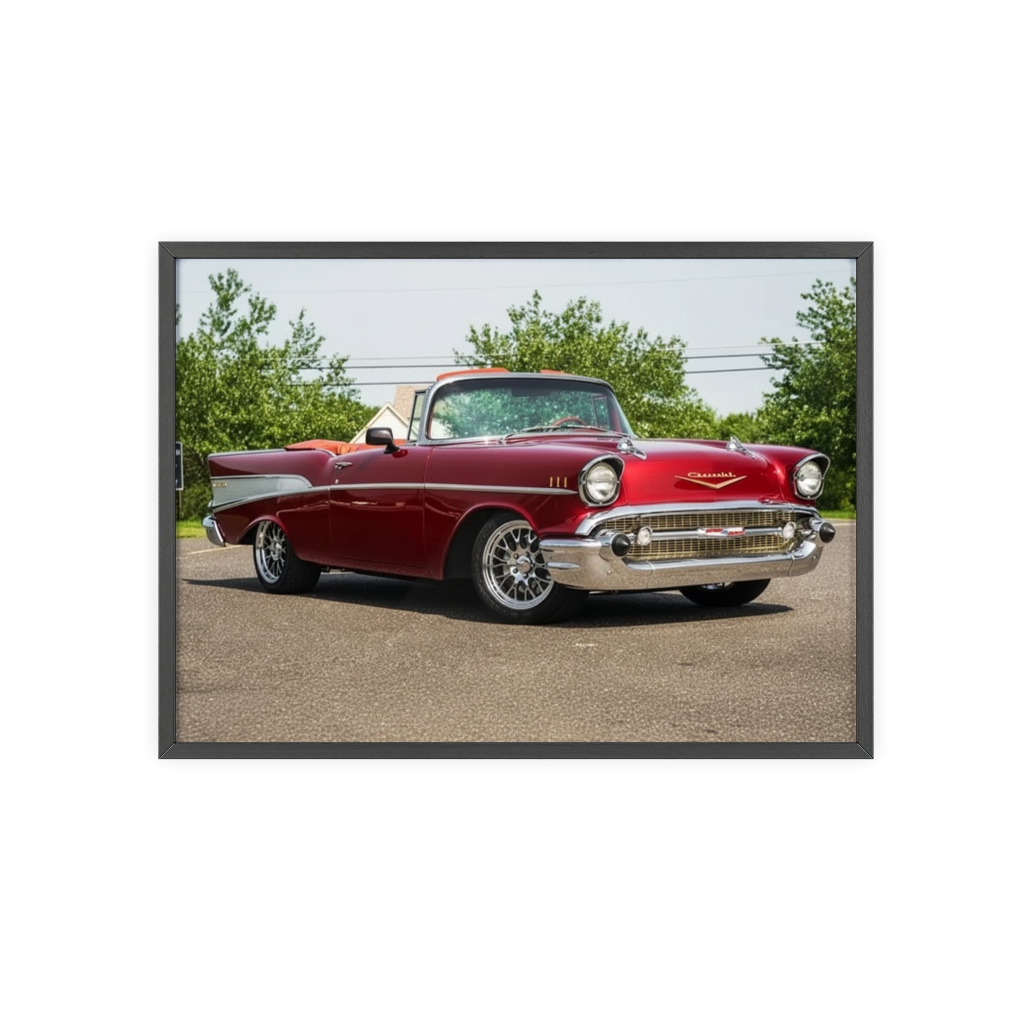 Classic Red Chevy Poster with Wooden Frame — Vintage Car Wall Art for Garage, Man Cave, Auto Enthusiasts