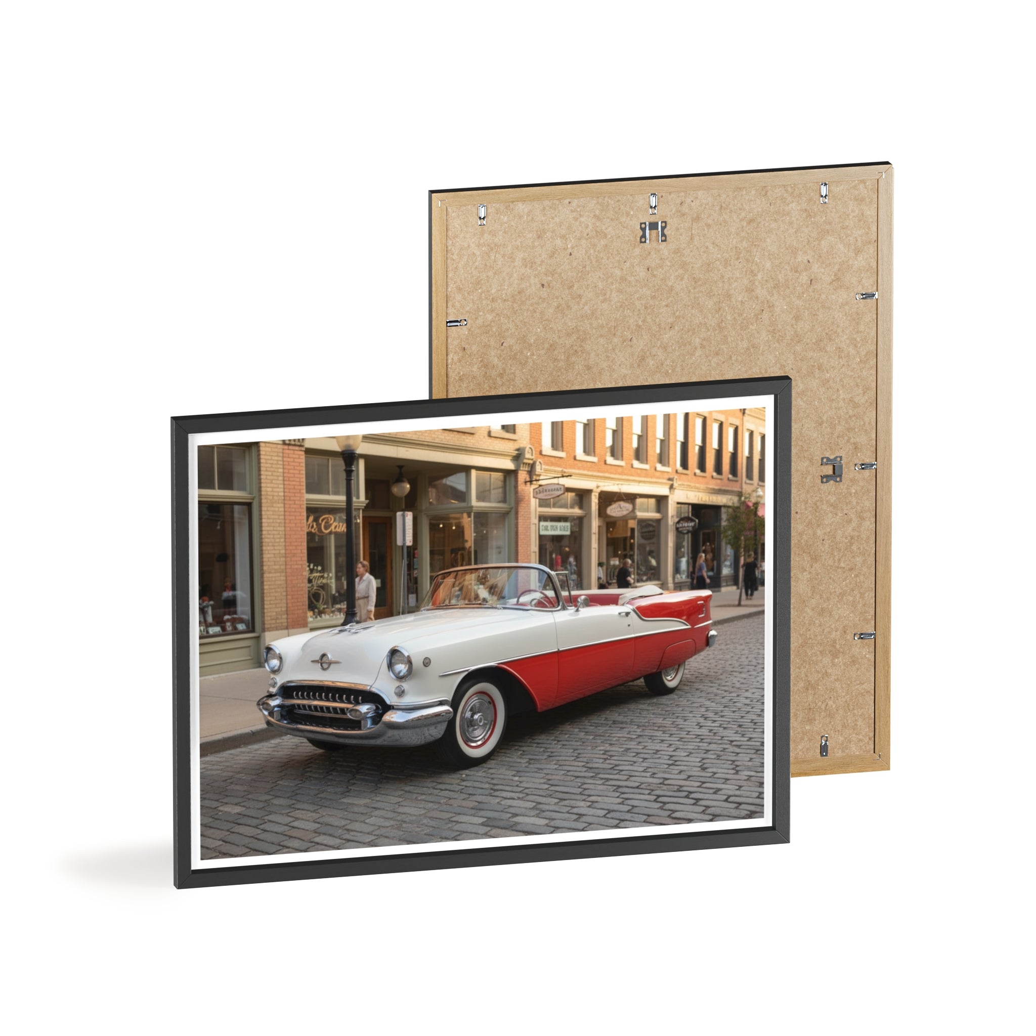 Vintage Red & White Convertible Poster with Wooden Frame — Retro Car Wall Art