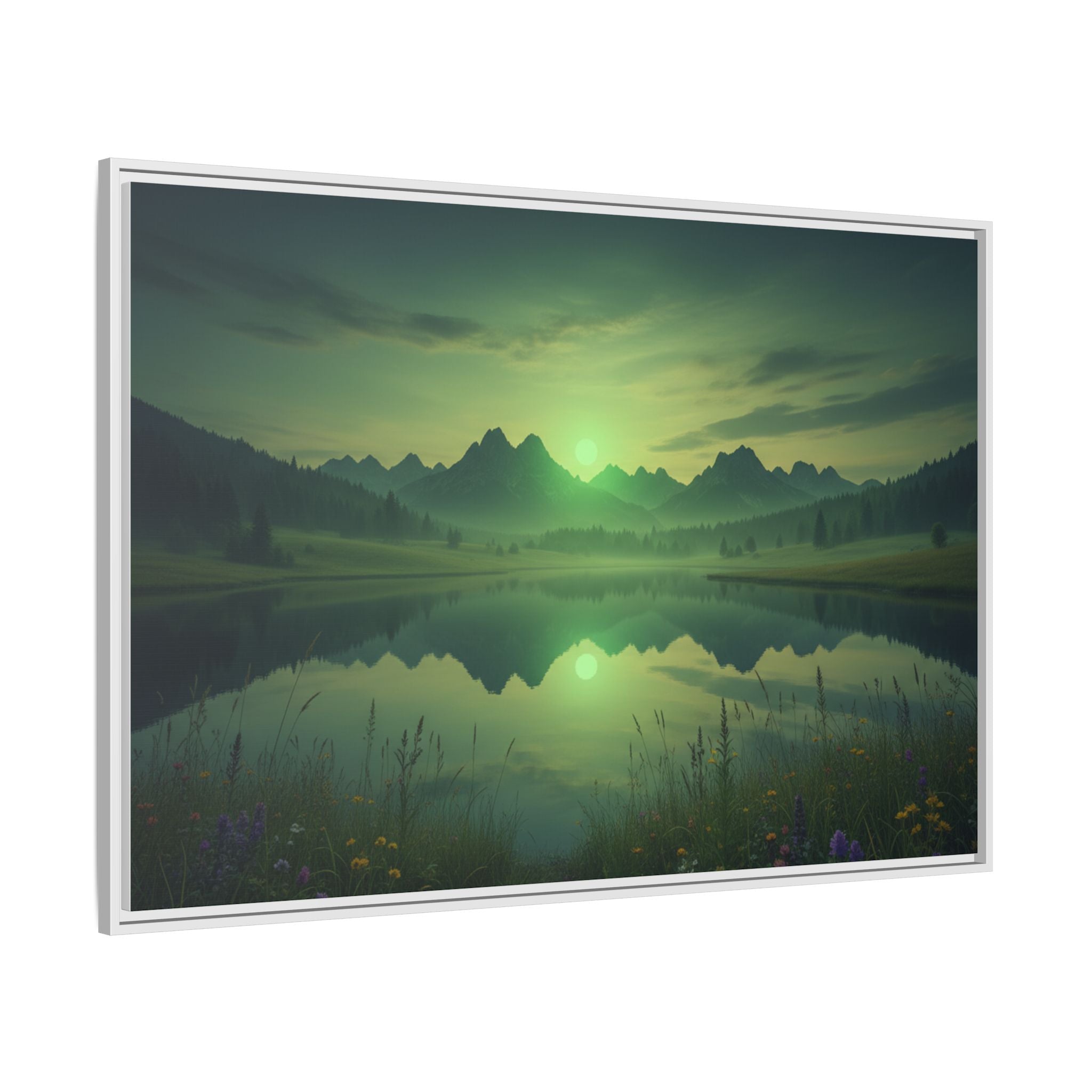 Framed Matte Canvas Print — Serene Green Mountain Lake Landscape