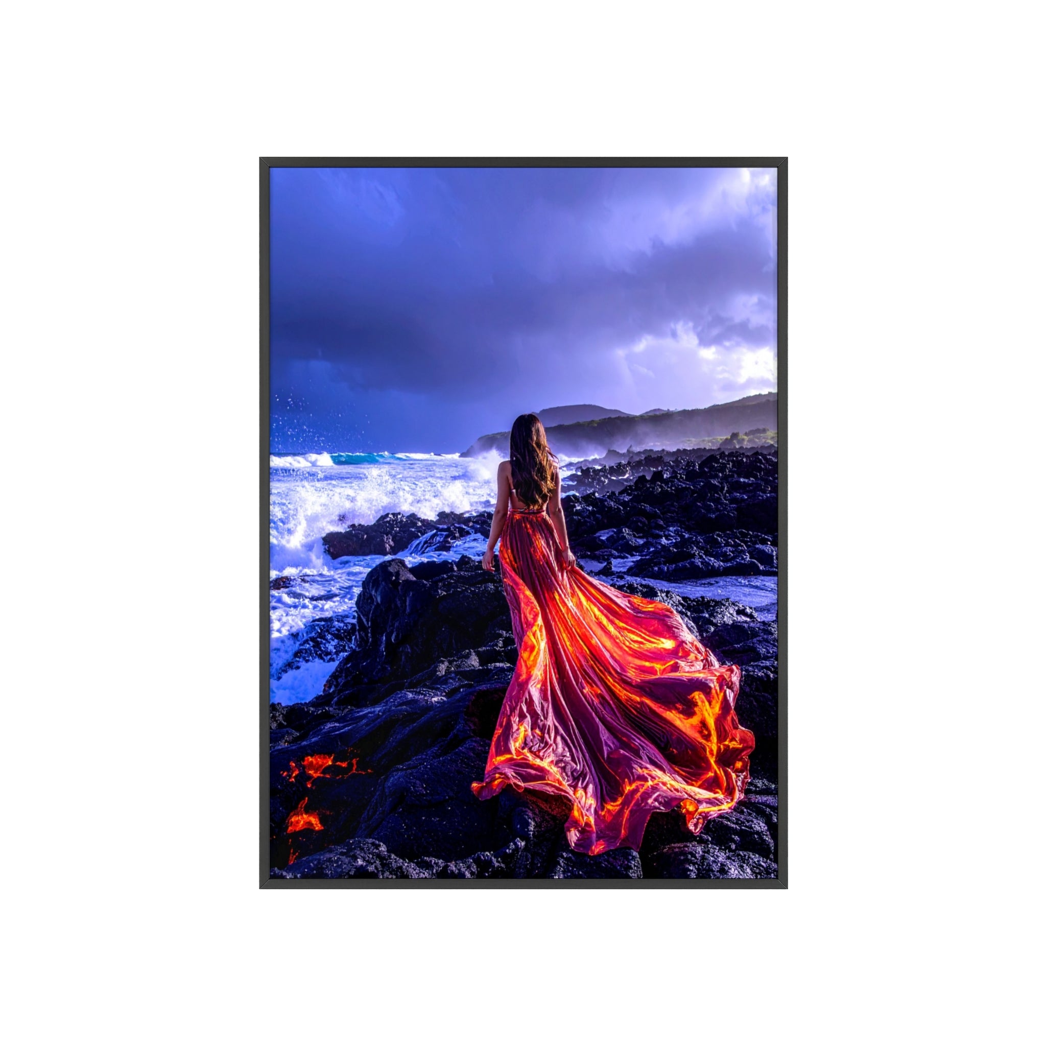 Framed Art Print — Woman in Fiery Red Dress on Rocky Shore (Wooden Frame Poster)