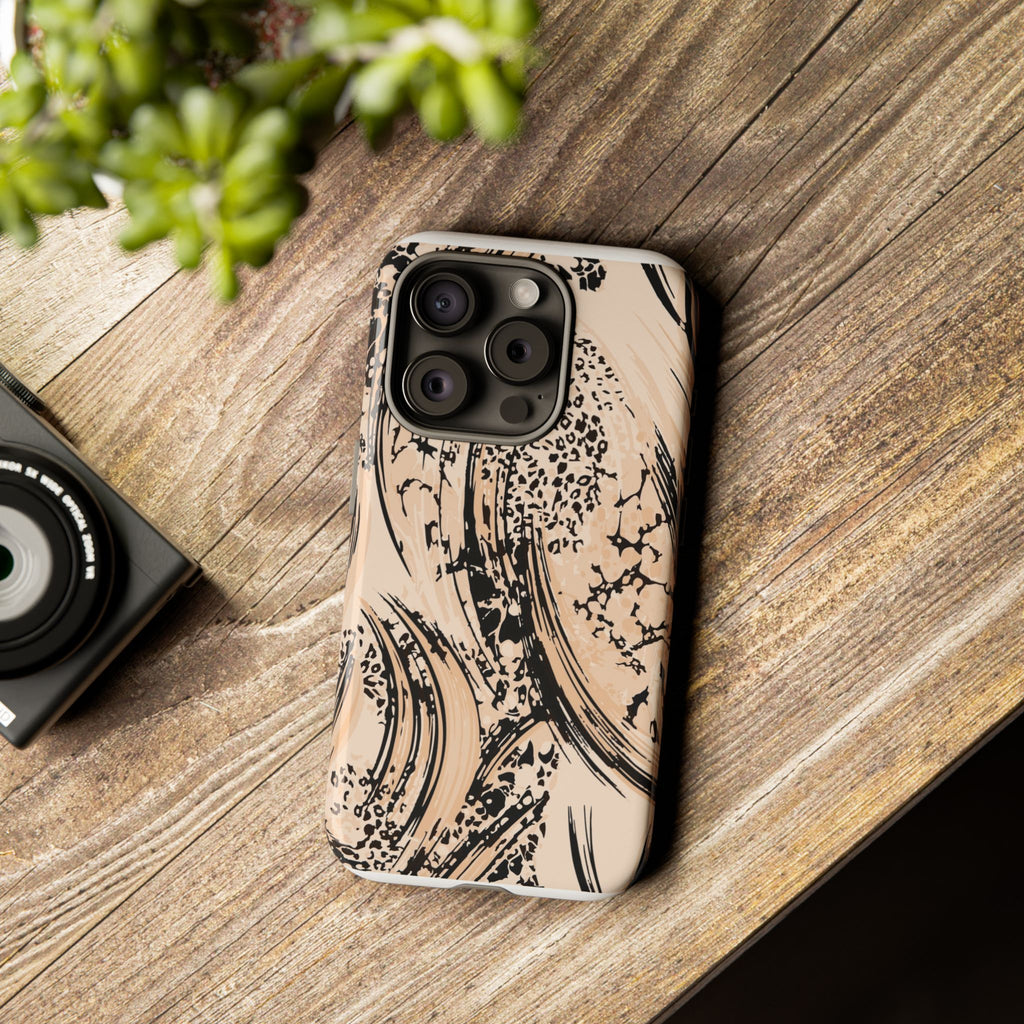 Abstract Brushstroke Phone Case — Neutral Beige & Black Artistic Protective Cover