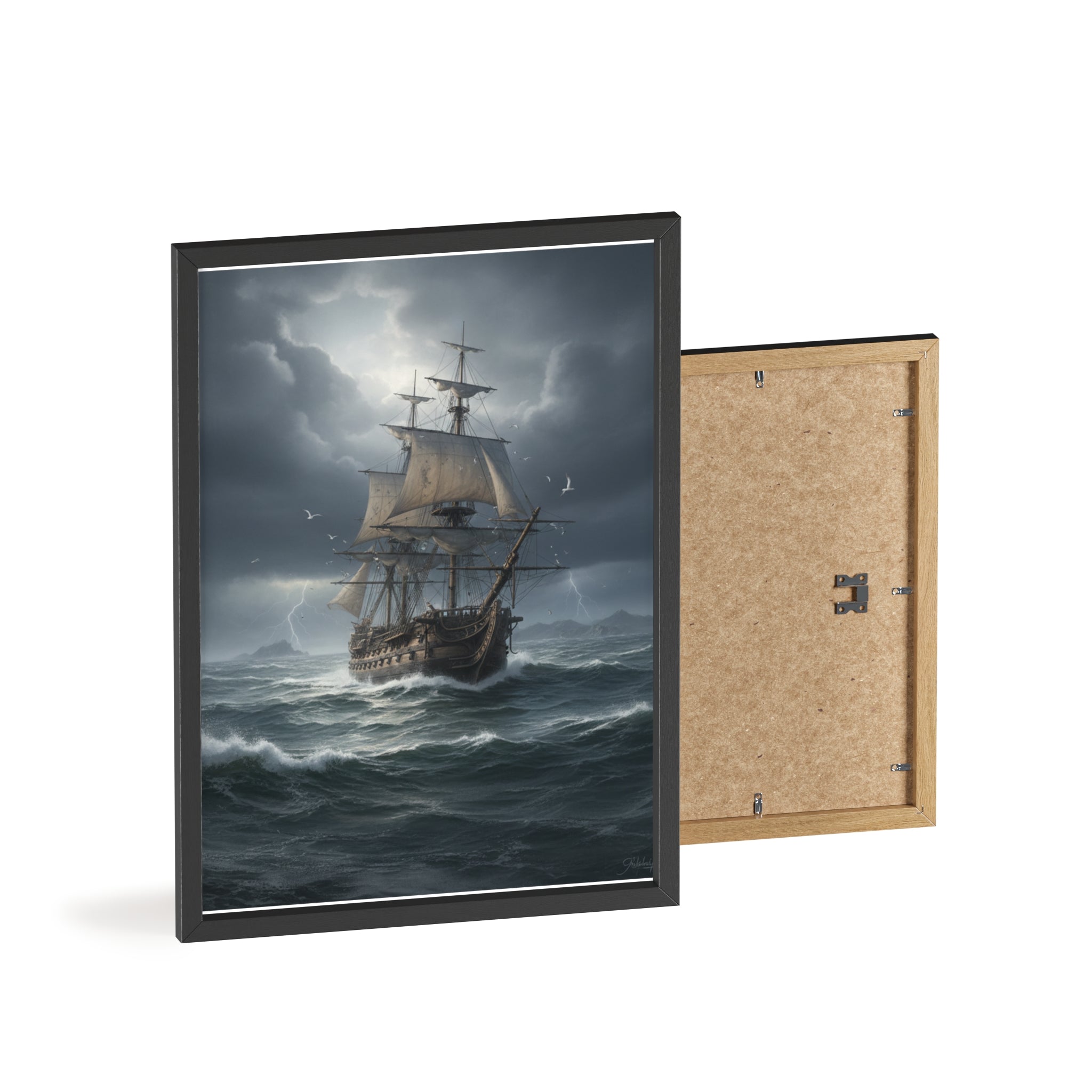 Framed Stormy Sea Ship Poster — Nautical Wall Art with Wooden Frame
