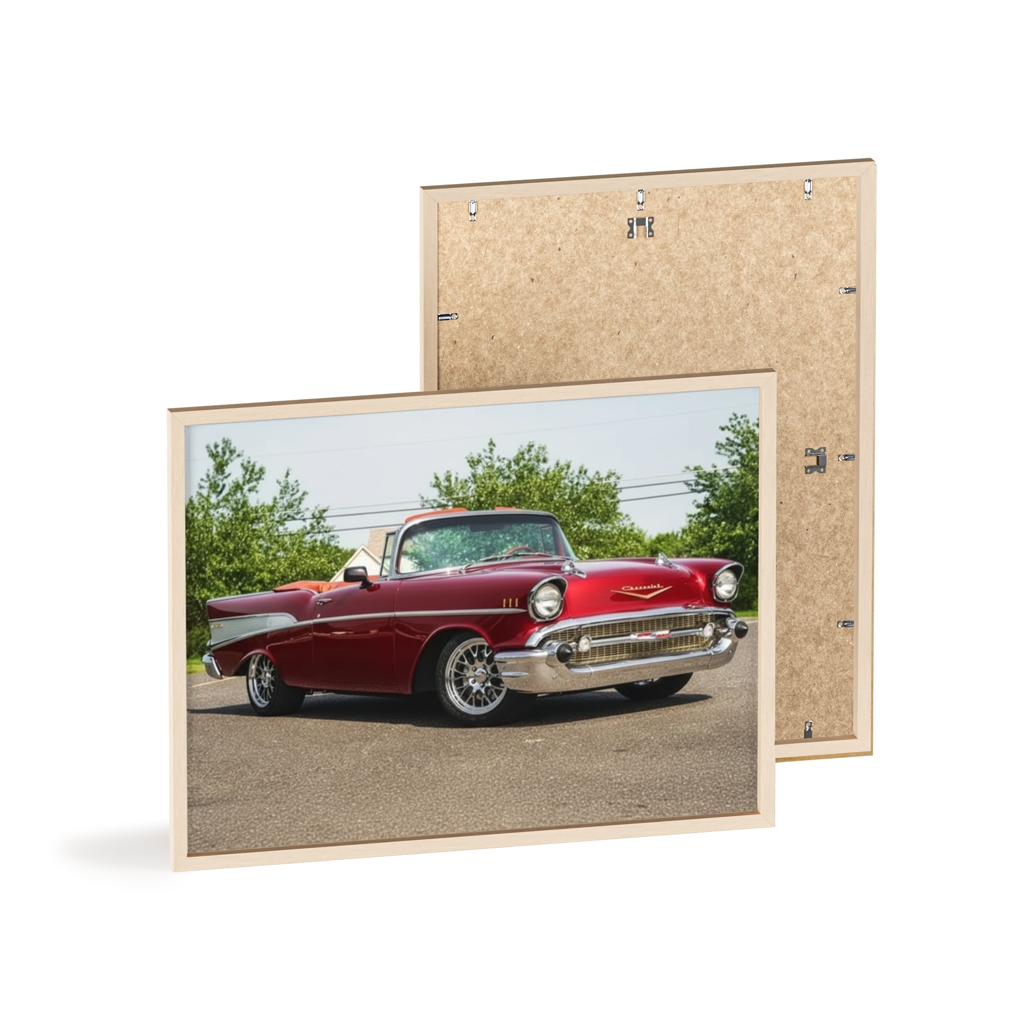 Vintage Red Classic Car Poster with Wooden Frame — Retro Automotive Wall Art
